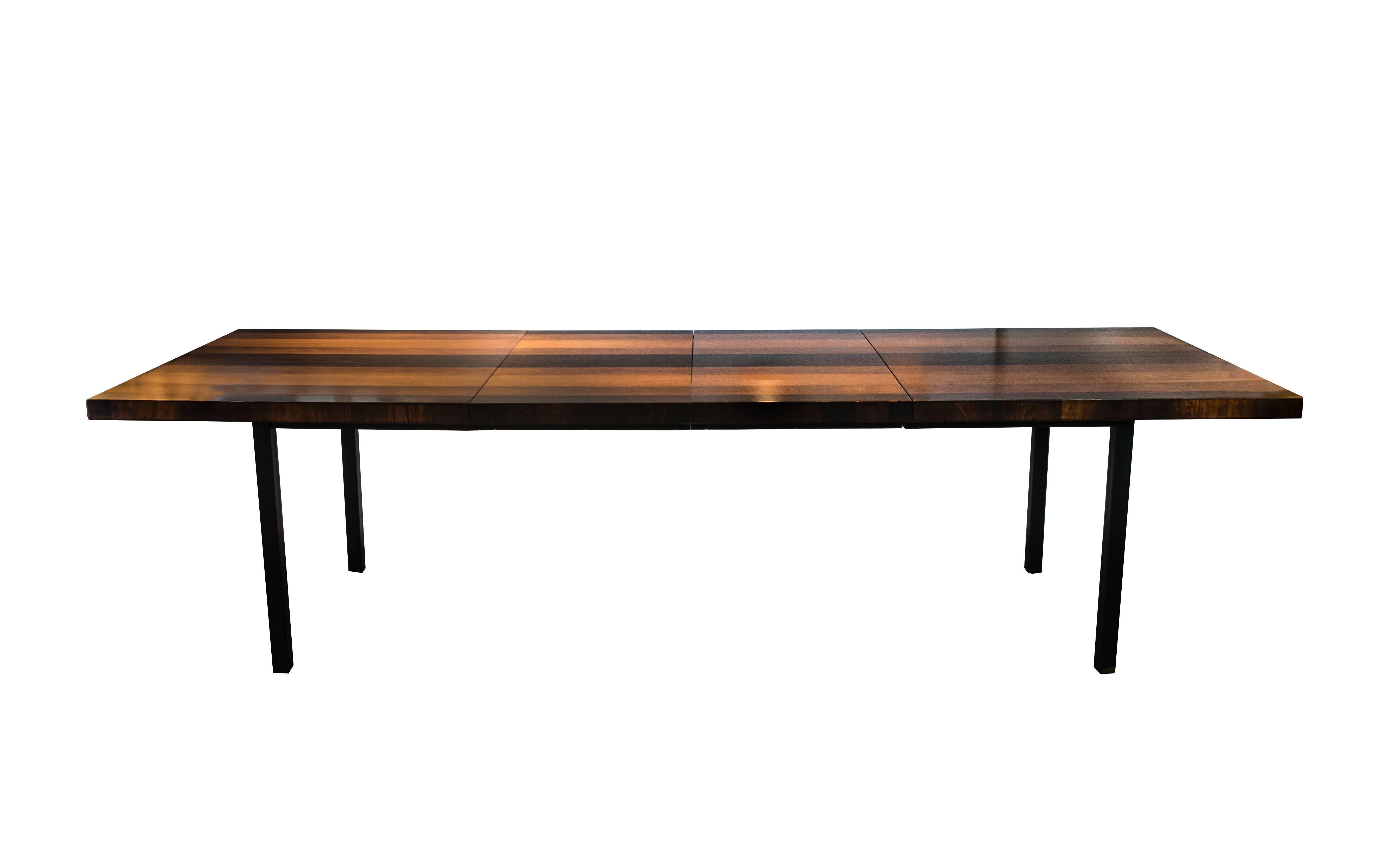 Extremely rare example of Milo Baughman's candy stripe table consisting of three different wood varieties: rosewood, walnut and we believe maple but are not 100% sure. The sides of the table have a beautiful rosewood graining all the way around. The