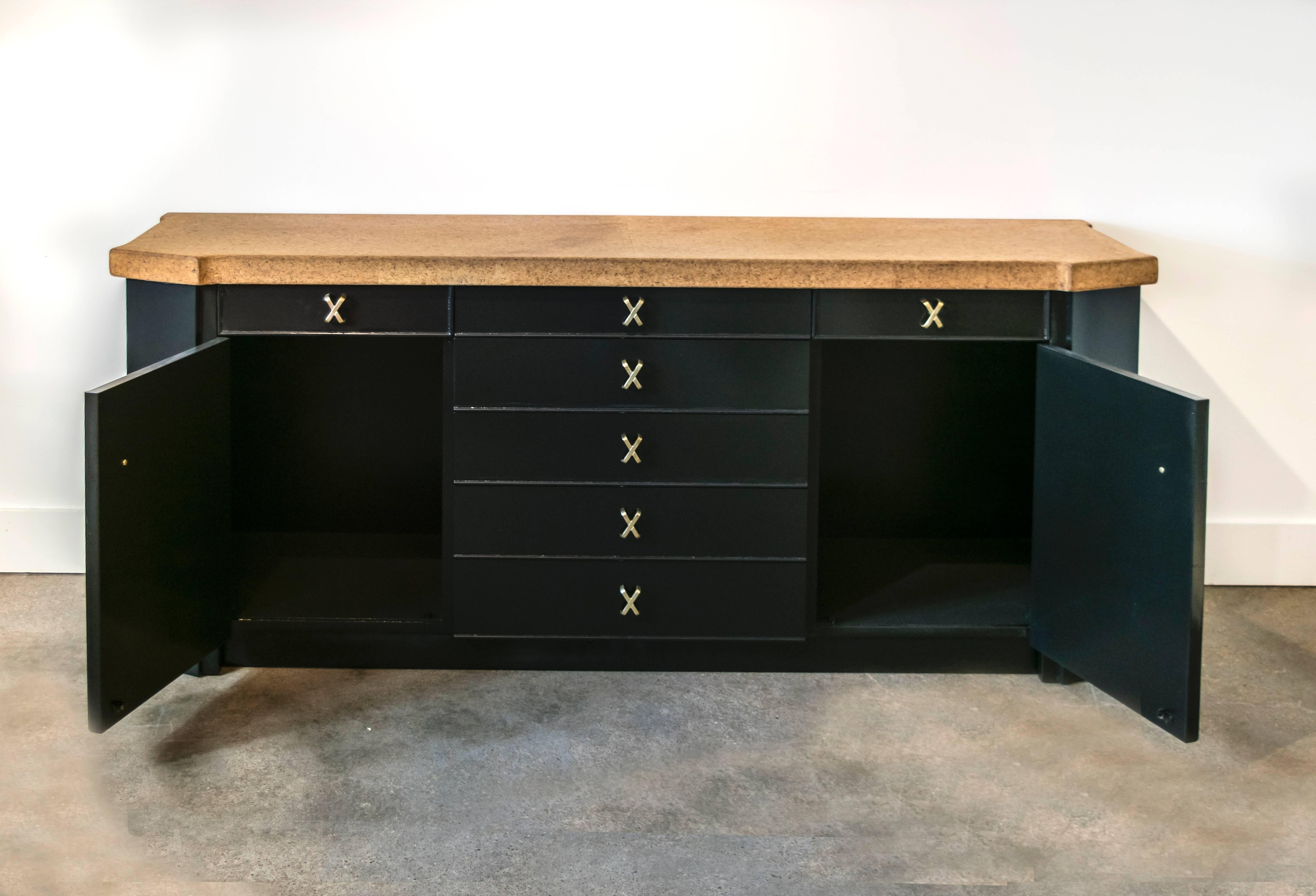 American Paul Frankl Ebonized Cork-Top Credenza Buffet with Exquisite Brass Hardware For Sale