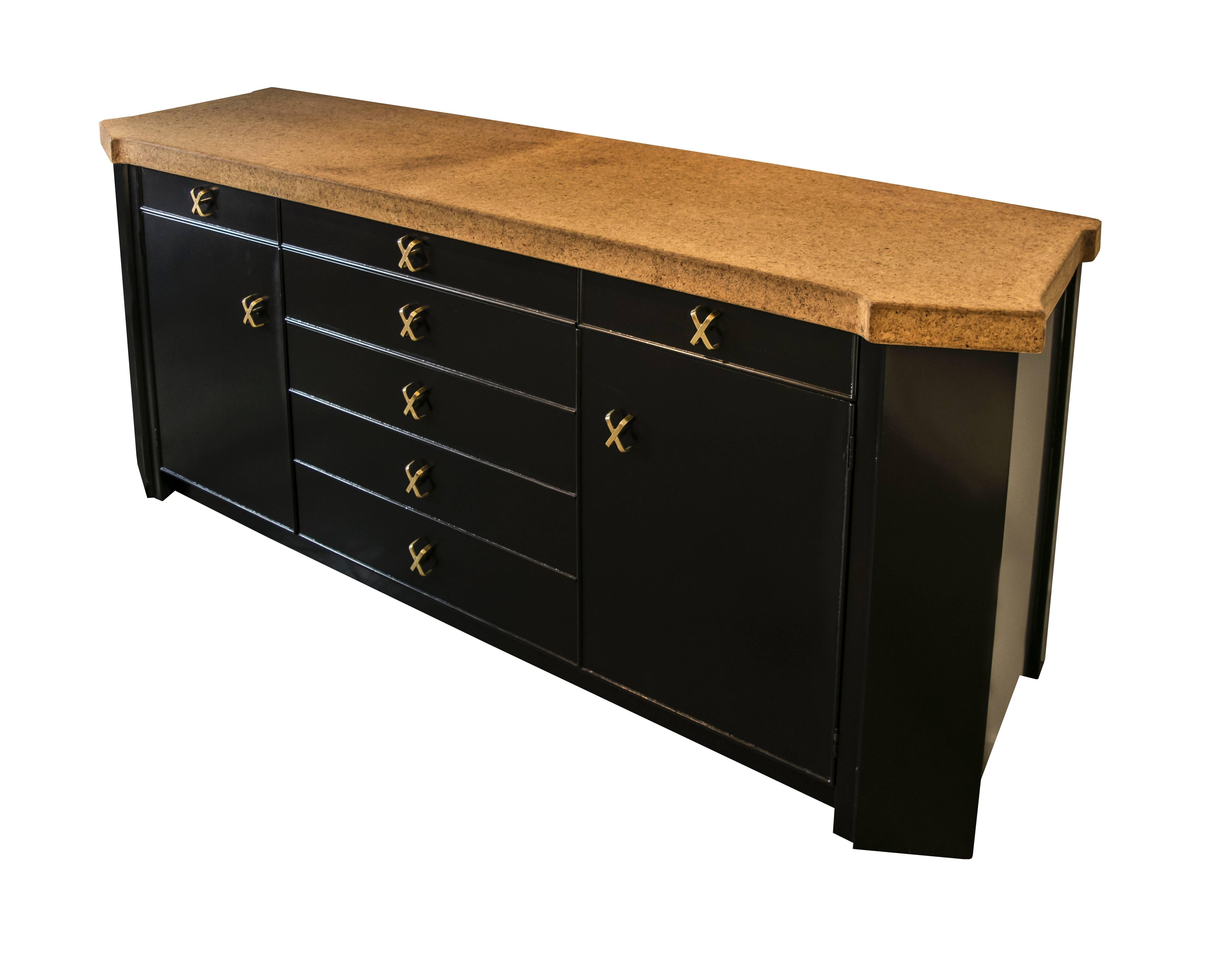 Mid-Century Modern Paul Frankl Ebonized Cork-Top Credenza Buffet with Exquisite Brass Hardware For Sale