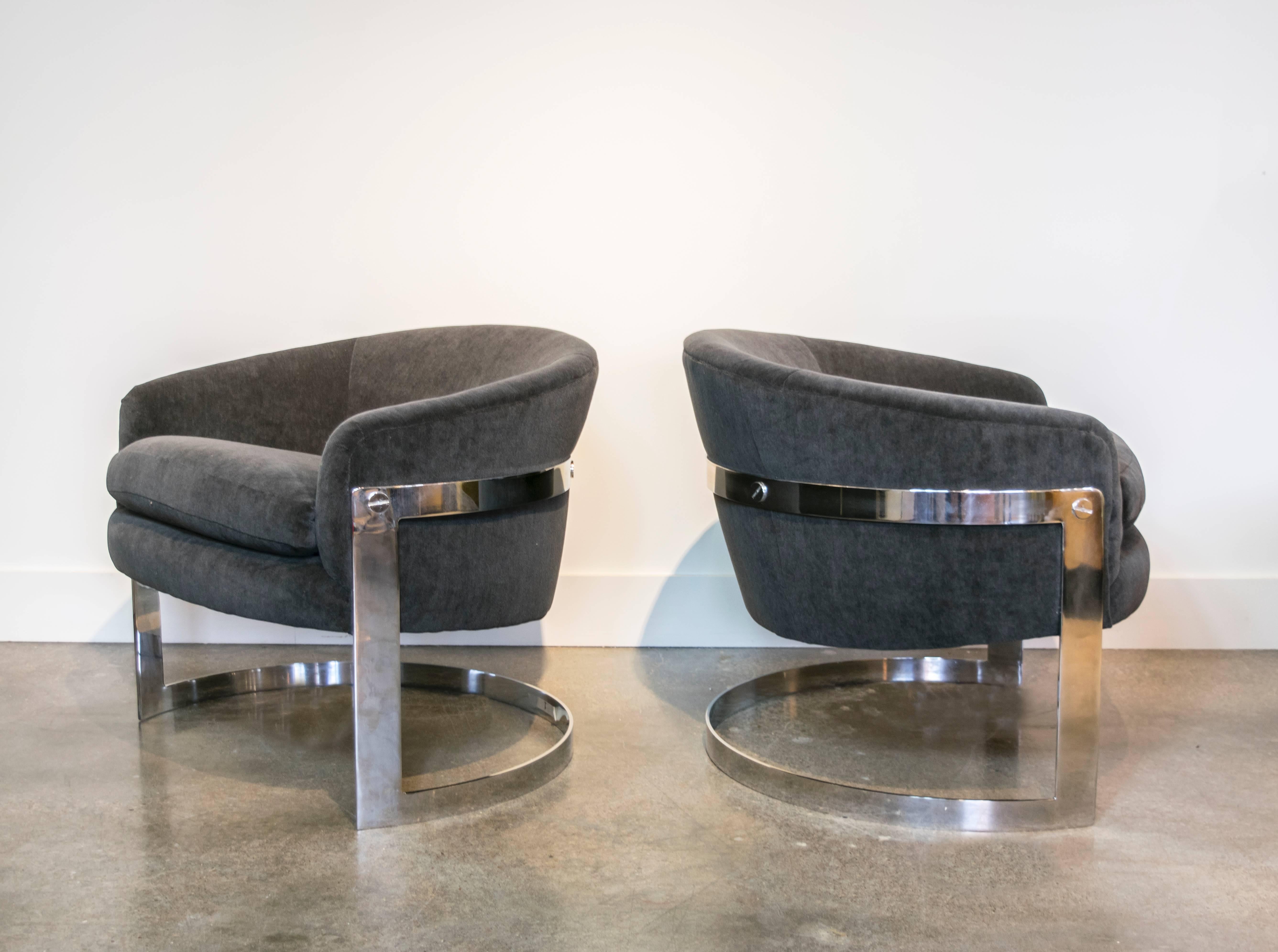 Mid-Century Modern Milo Baughman Chrome Cantilevered Chairs in Charcoal Gray Mohair