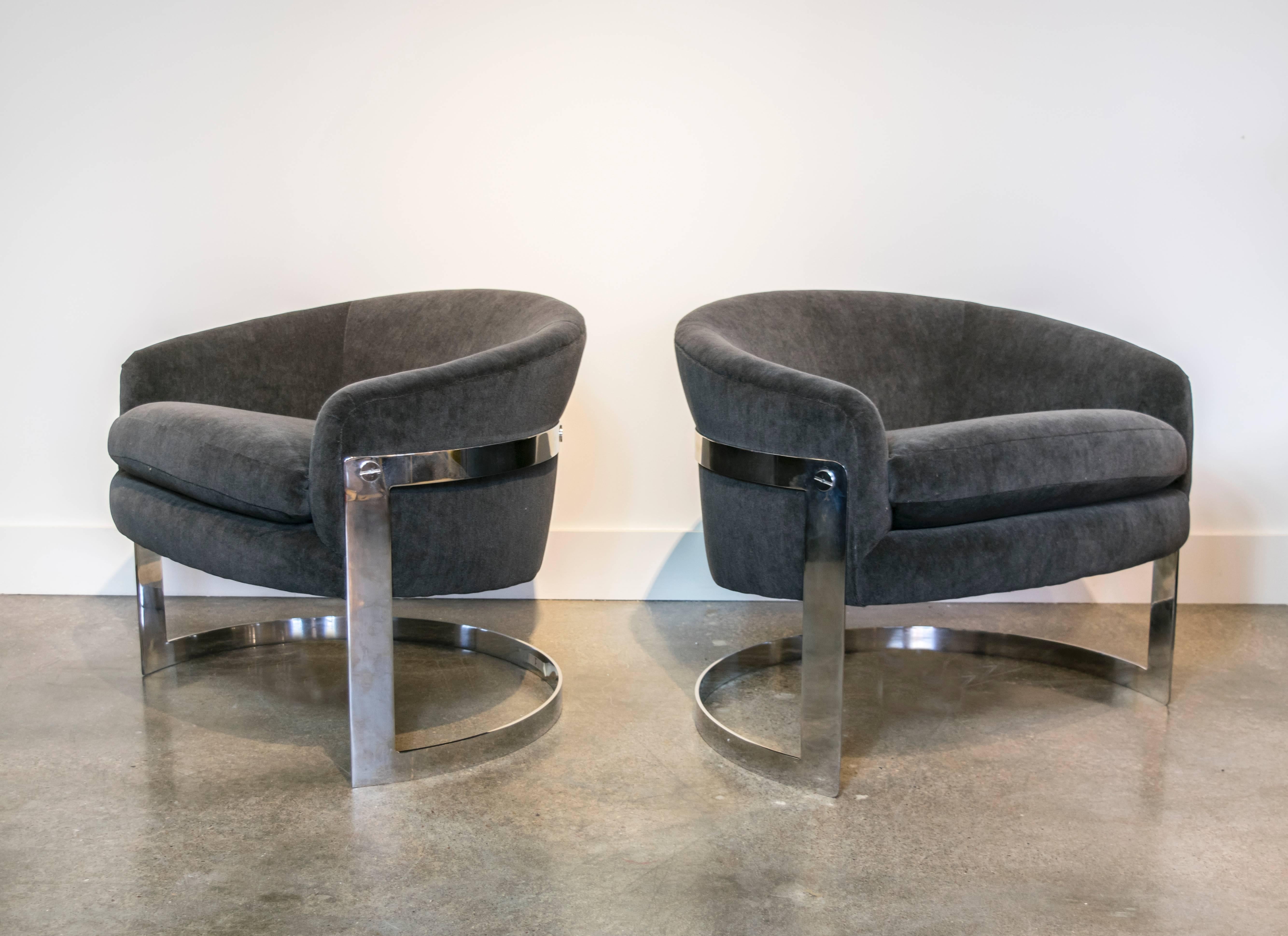 Elegant Milo Baughman cantilevered chrome chairs with gorgeous charcoal gray mohair fabric and curved back seating.