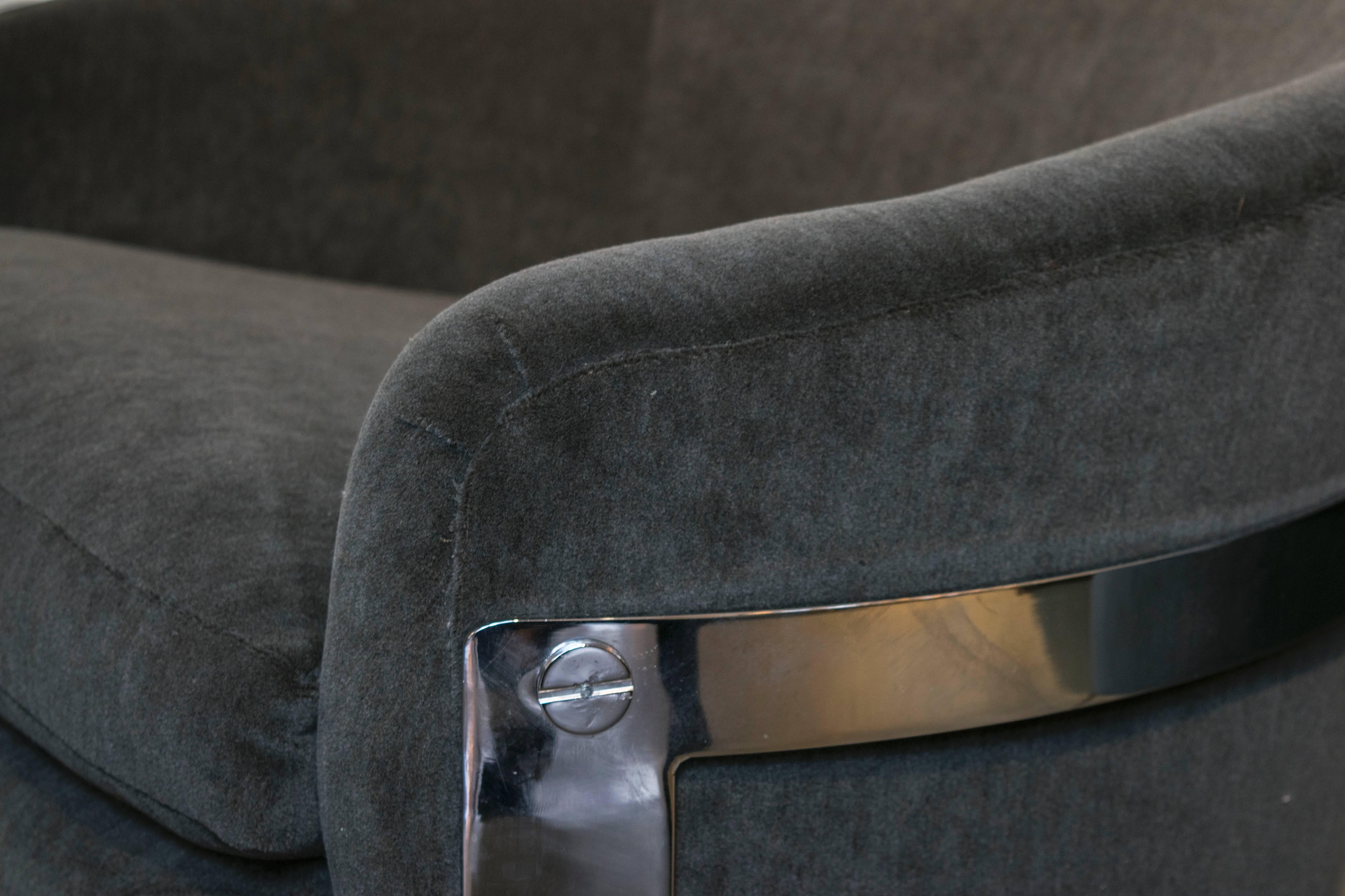Milo Baughman Chrome Cantilevered Chairs in Charcoal Gray Mohair In Excellent Condition In Houston, TX