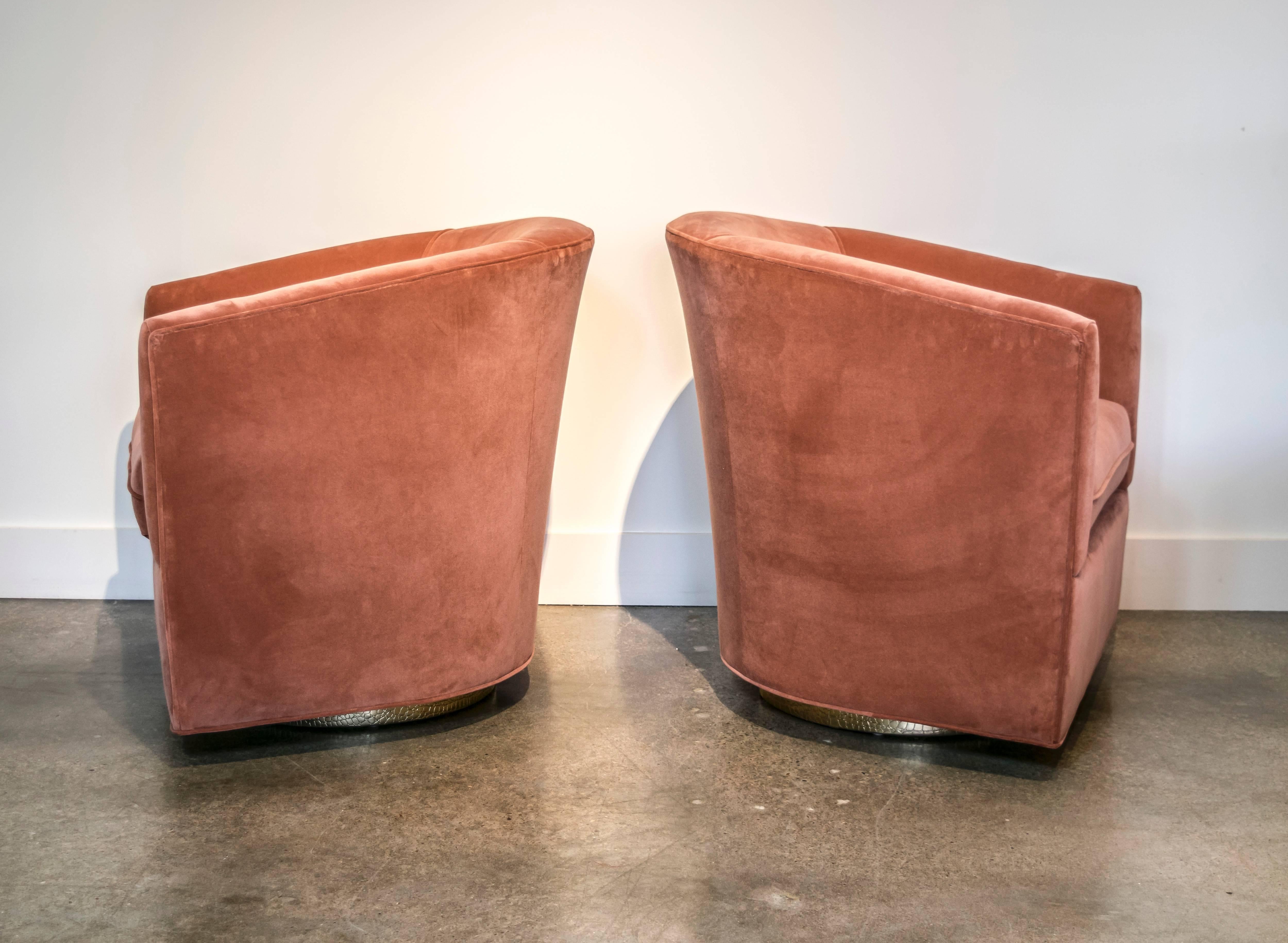 Here's what you've been searching for in a pair of swivels! Milo Baughman swivel club chairs in new velvet with faux alligator gold vinyl bases.