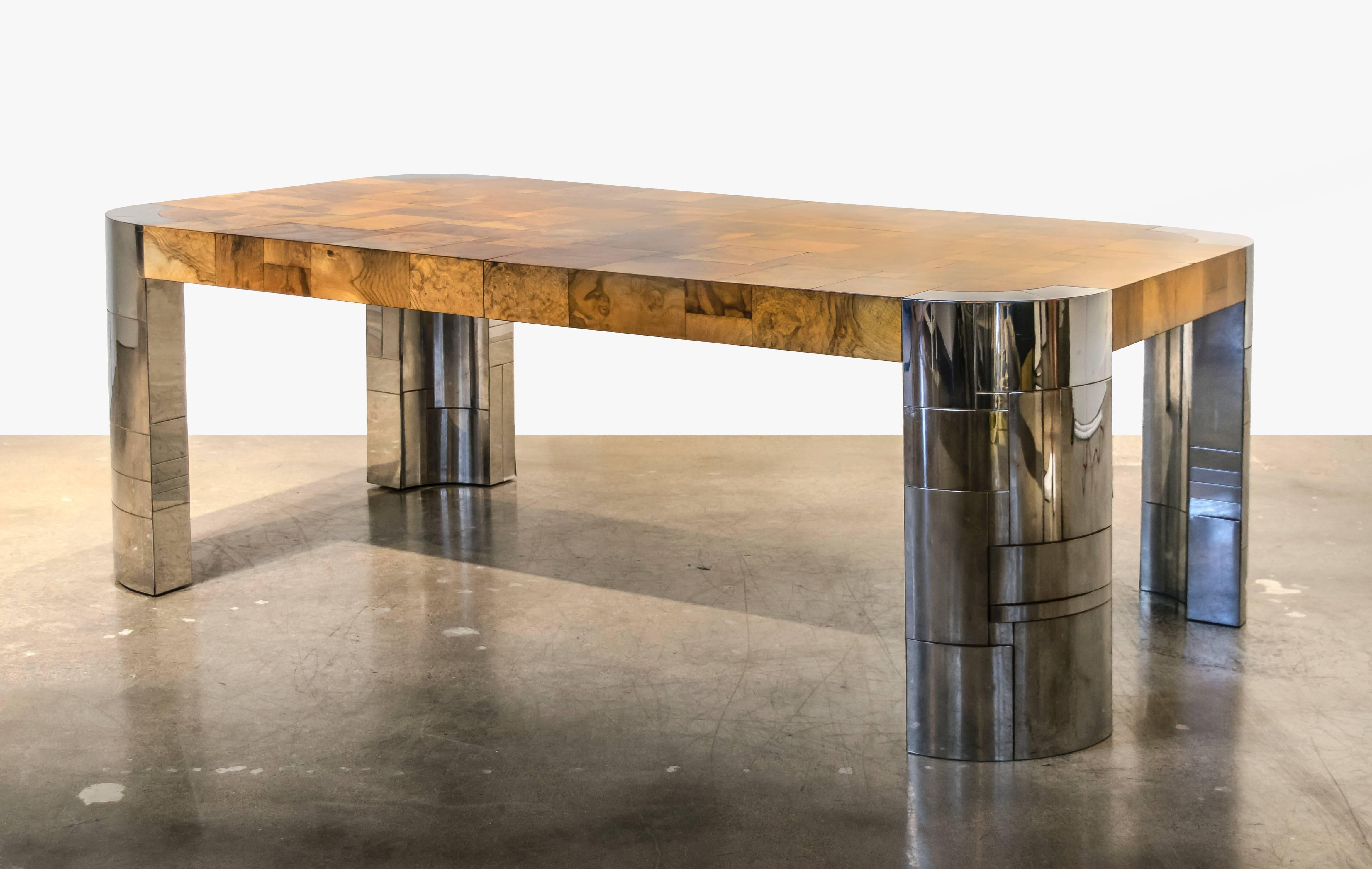 Mid-Century Modern Signed Paul Evans Cityscape Extra Long Burl and Chrome Dining Table