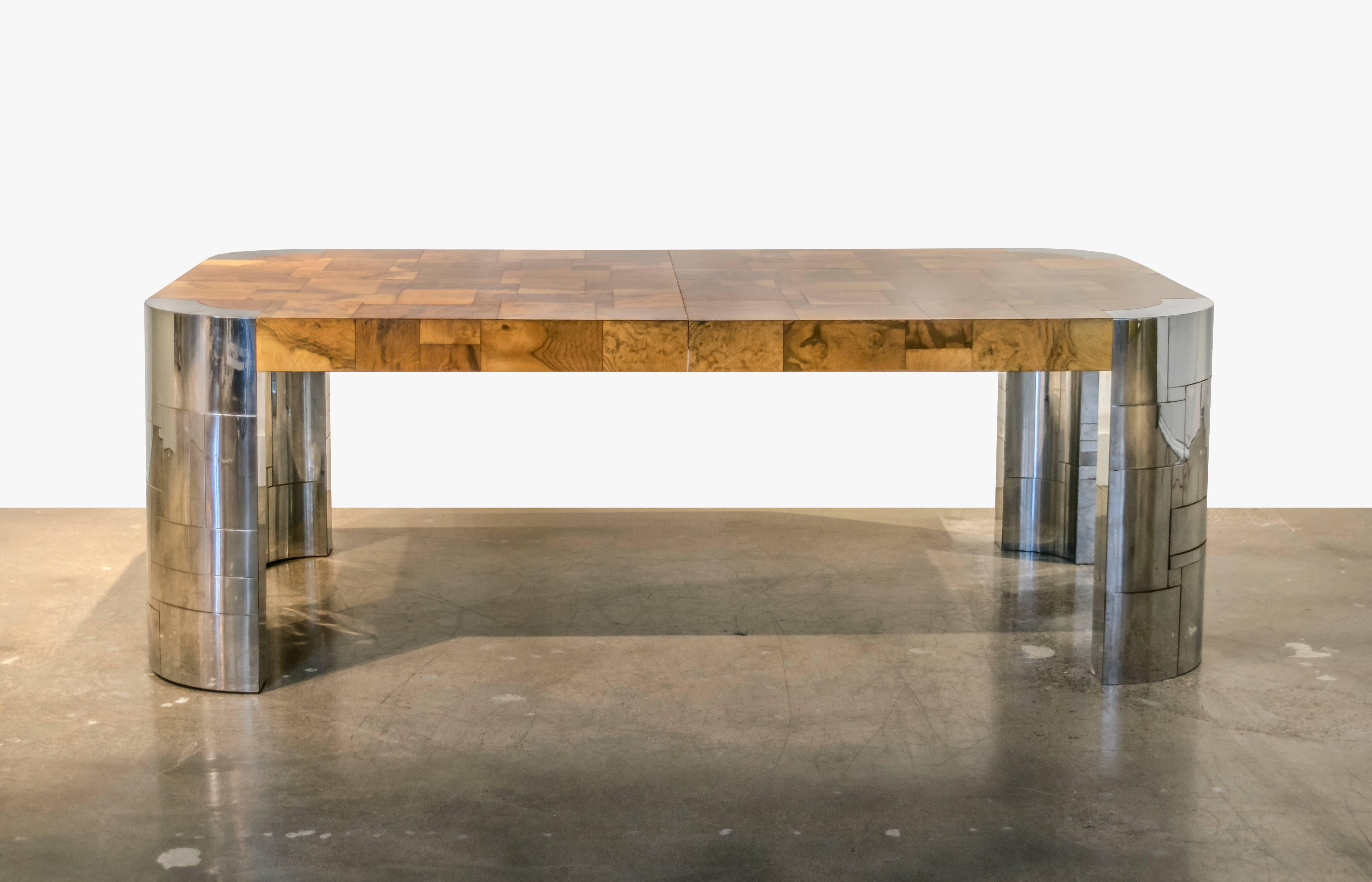 American Signed Paul Evans Cityscape Extra Long Burl and Chrome Dining Table