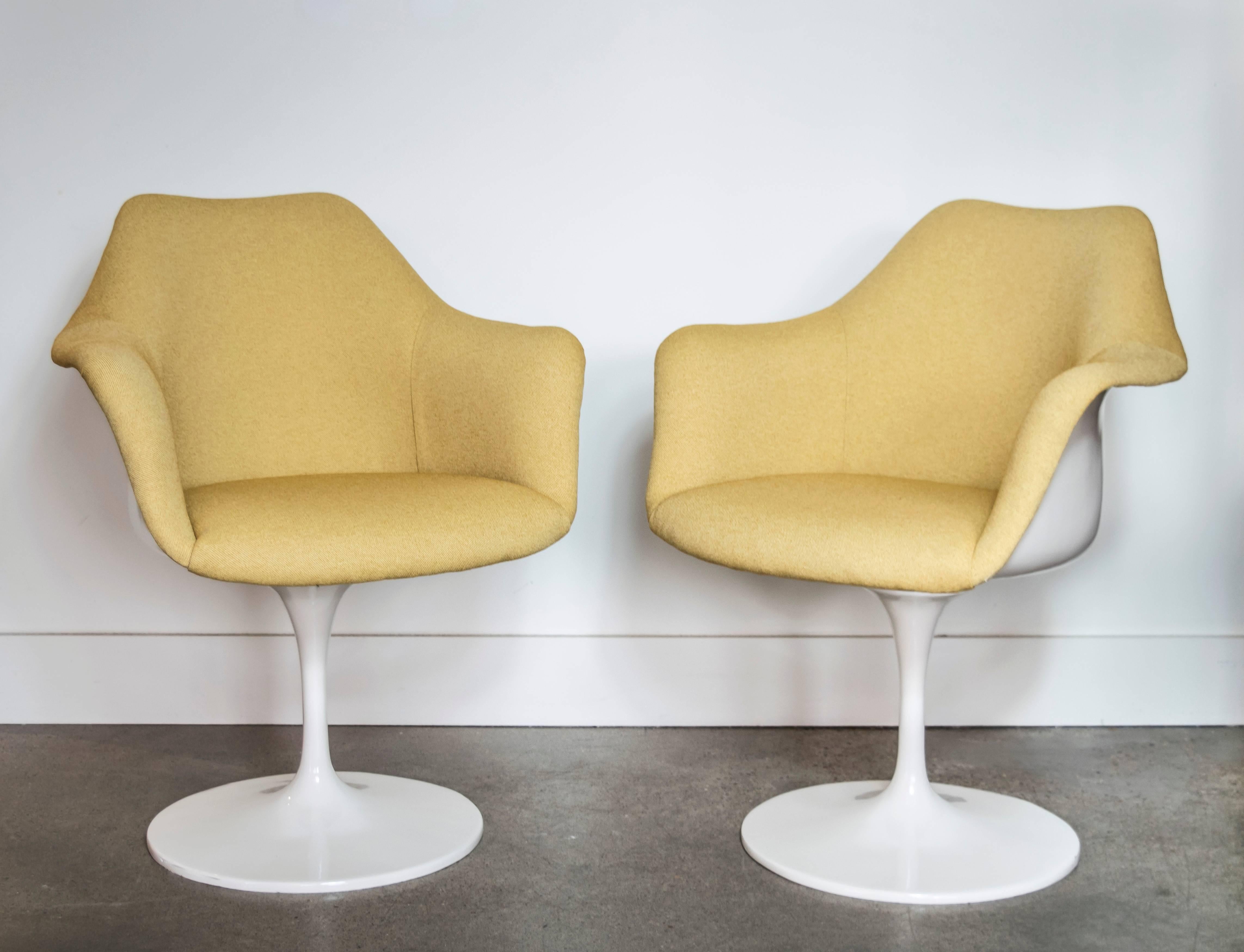 It's difficult to find ten matching early Knoll chairs with the full back upholstery. Recently restored and recovered in Knoll goldish / yellow upholstery. Stunning addition to any home or office.