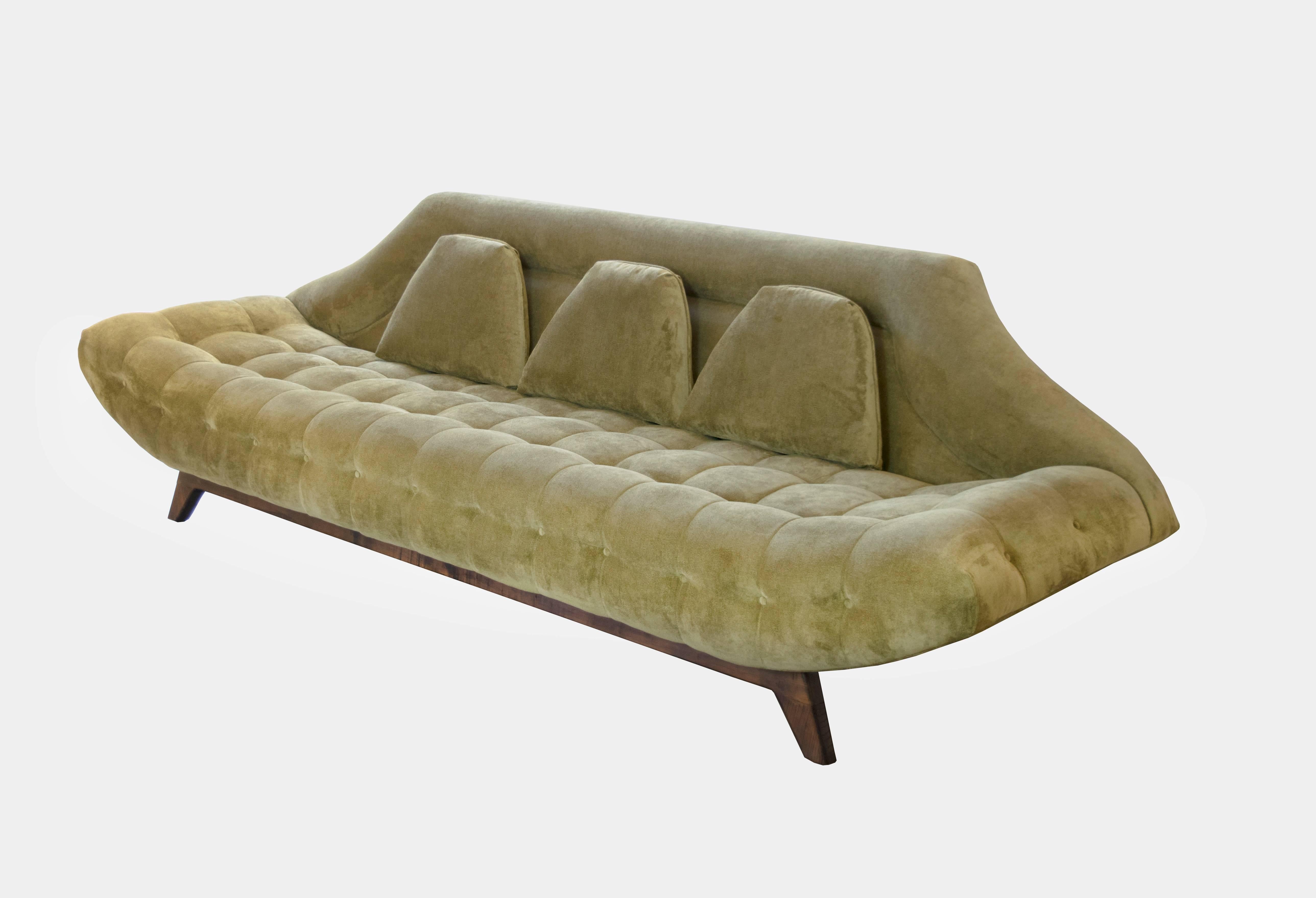 Highly sculptural gondola sofa by Adrian Pearsall with extensive biscuit tufting. Recently reupholstered in olive green chenille.