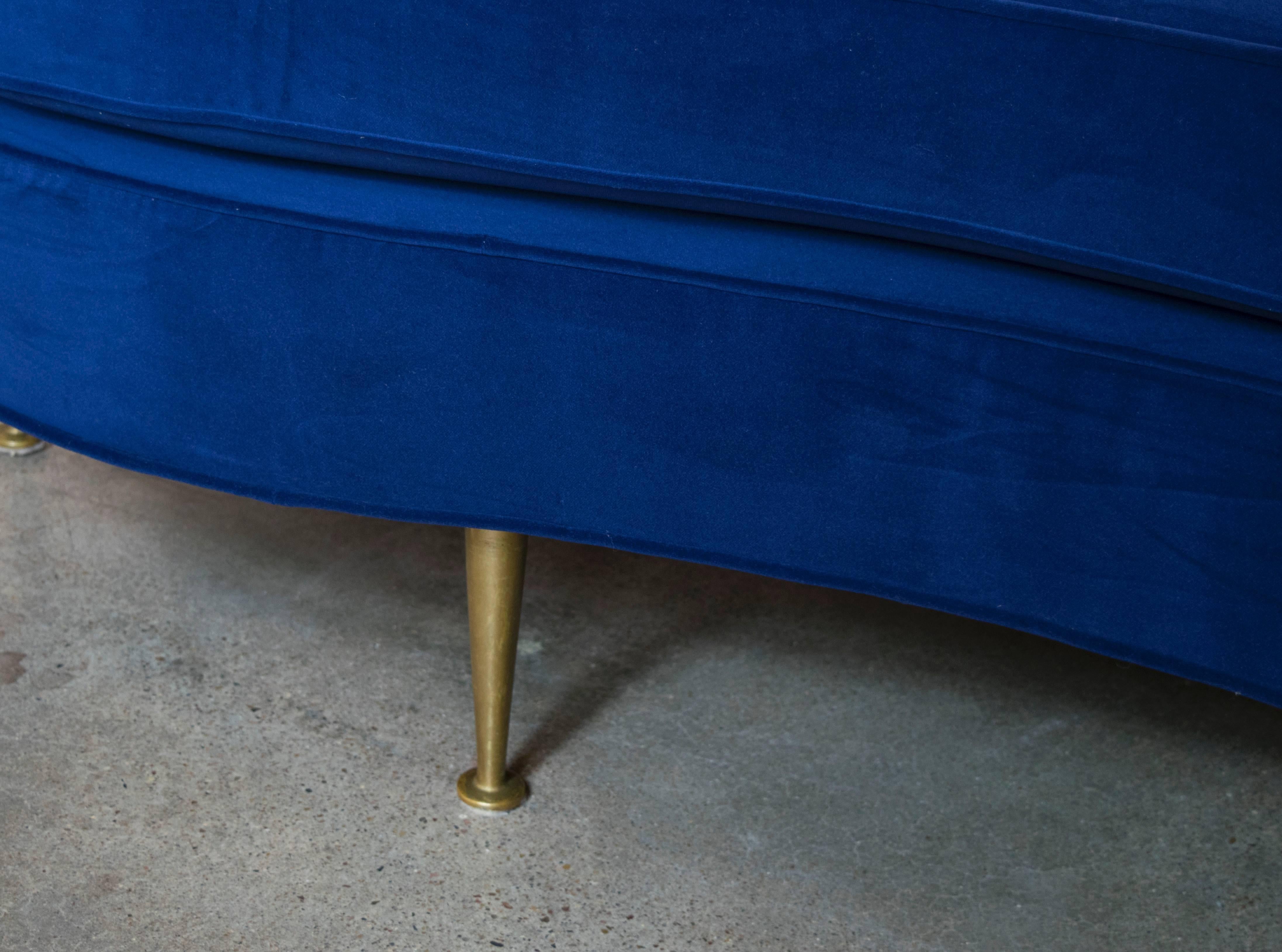 American Spectacular Navy Velvet Sofa with Brass Legs in the Style of Harvey Probber For Sale