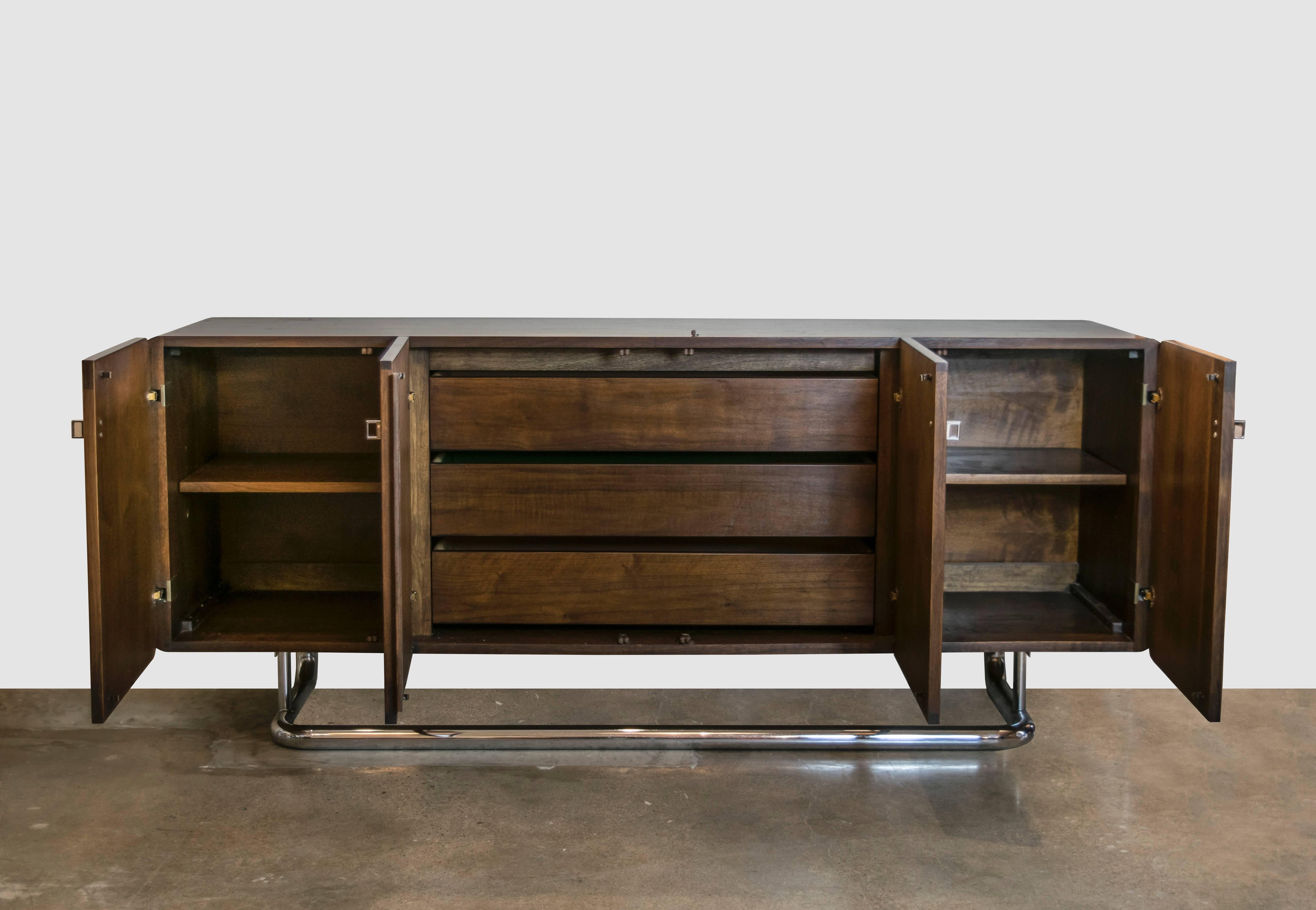 Mid-Century Modern Rounded Walnut Credenza with Cantilevered Chrome Base