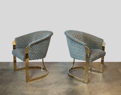 Cantilevered Brass Club Chairs in the Style of Milo Baughman