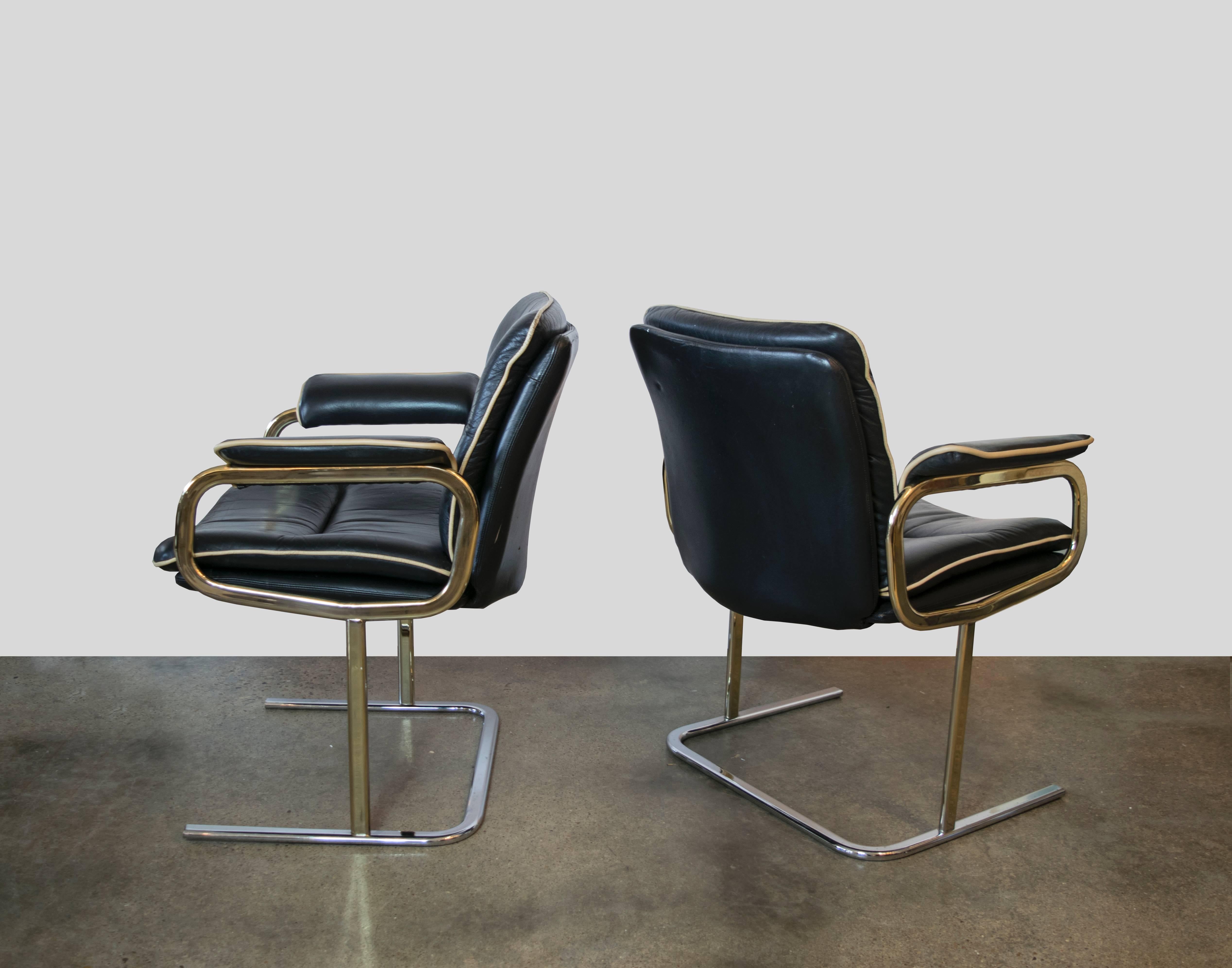 Mid-Century Modern Fabulous Black Leather, Brass and Chrome Chair by Pieff For Sale