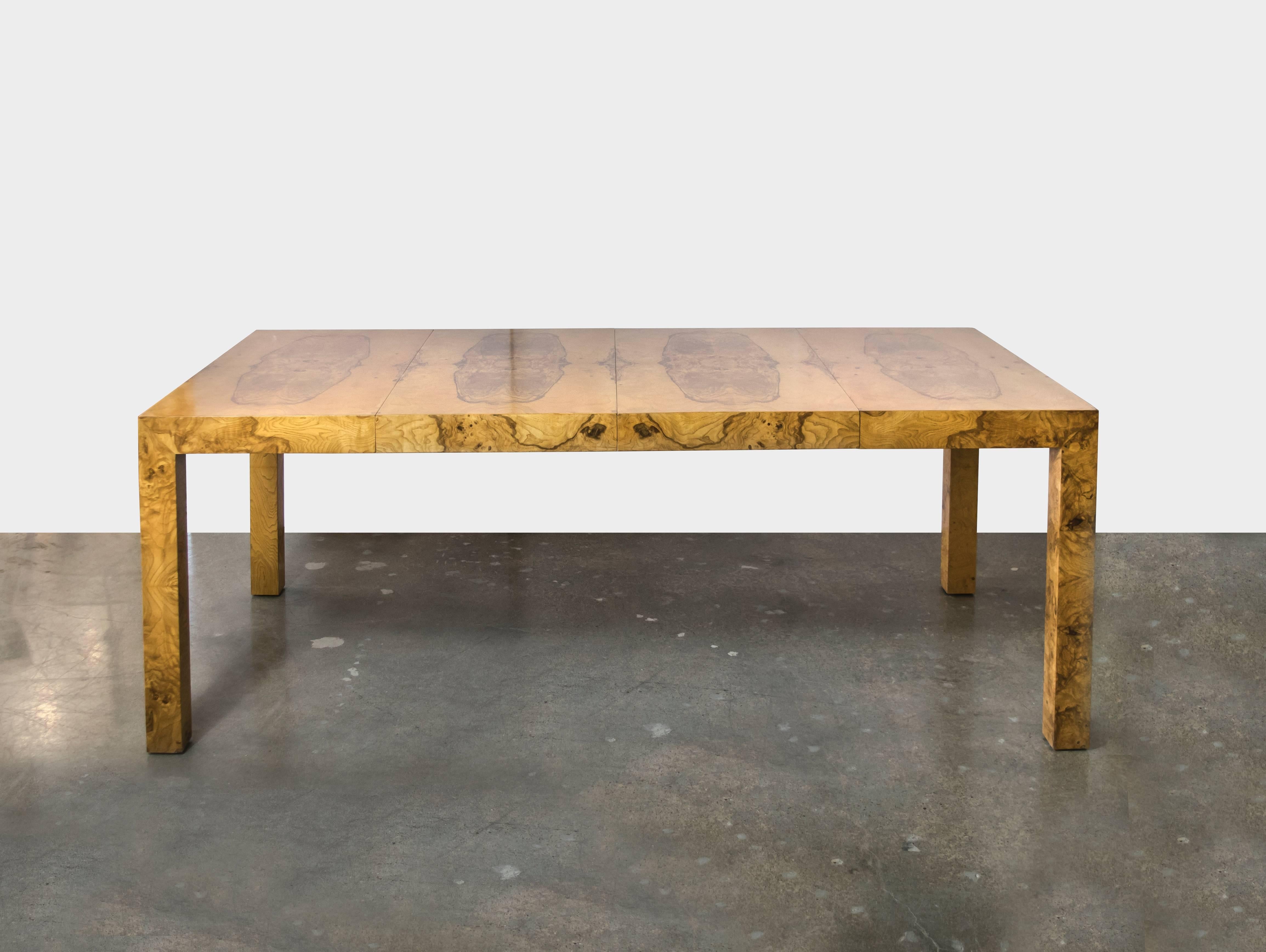 Outstanding signed Milo Baughman for Thayer Coggin burl wood dining table that fully extends with two 20