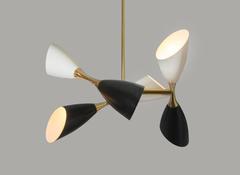 Pair of Italian Brass Six-Light Chandeliers with Black and Ivory Cones