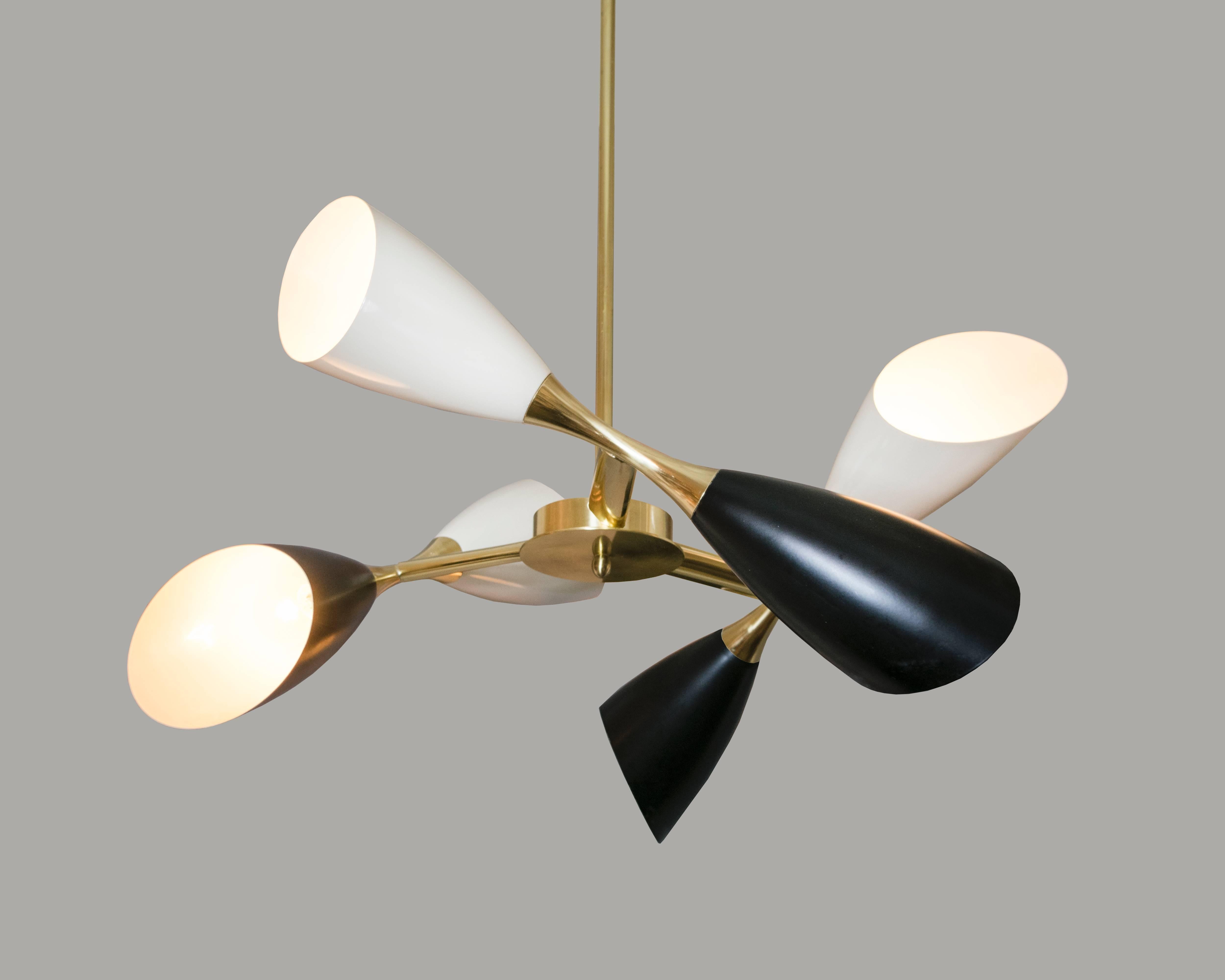 Mid-Century Modern Pair of Italian Brass Six-Light Chandeliers with Black and Ivory Cones For Sale