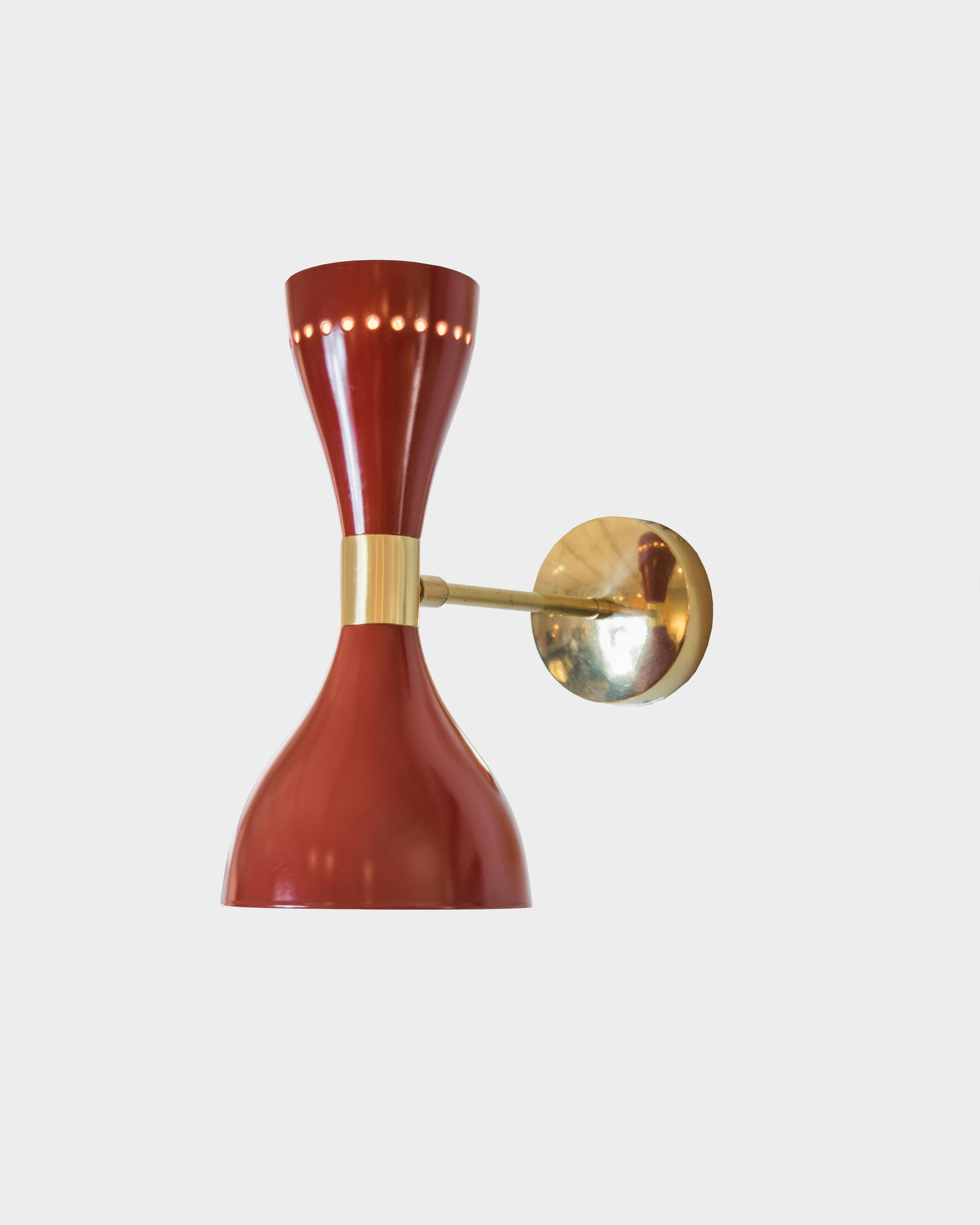 Mid-Century Modern Vintage Stilnovo Red Lacquer and Brass Sconces