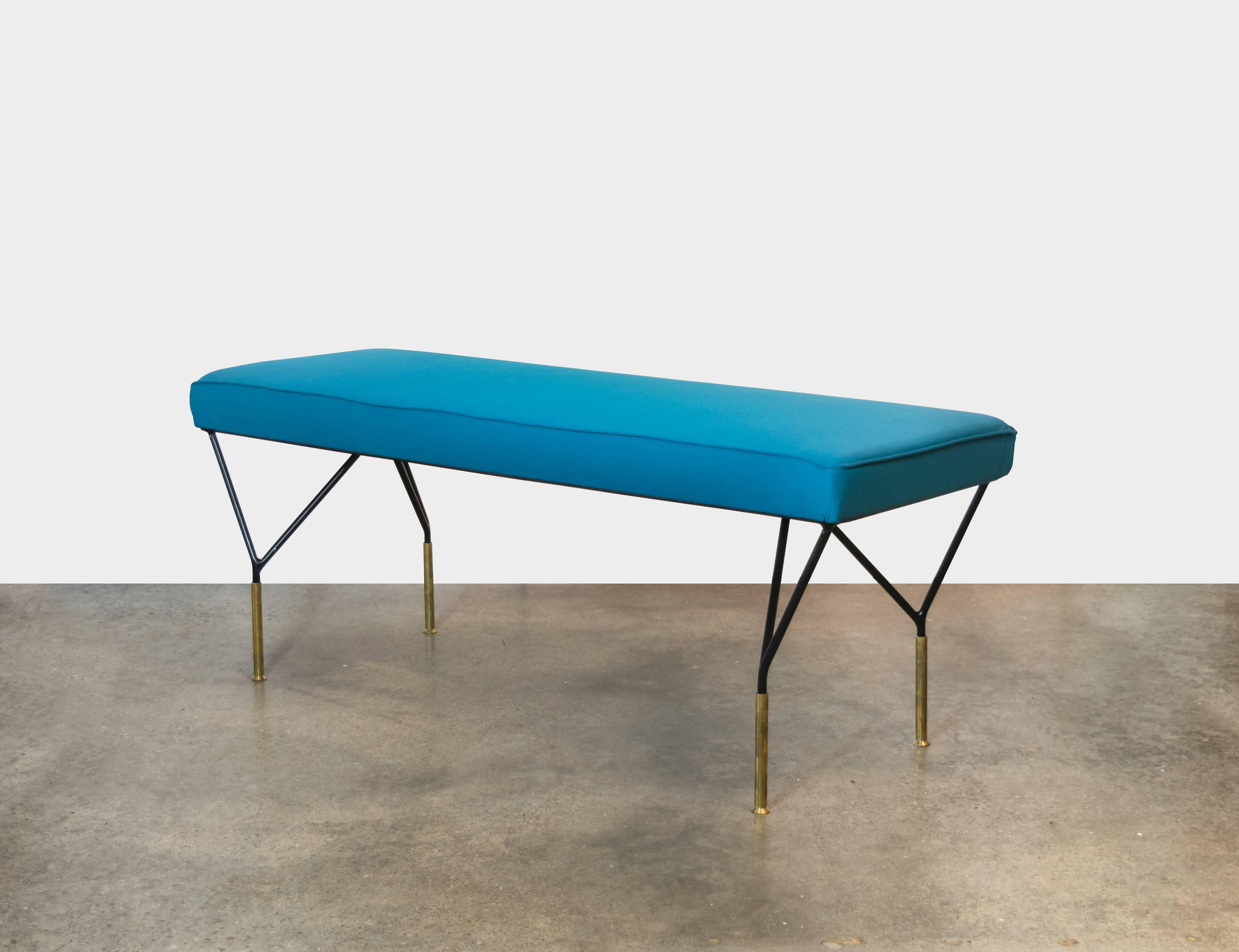 An absolutely exquisite 1950s Italian Mid-Century bench with four Y-shaped legs and a middle support bar. Fabric is not original - can be used as is or recover to your liking.