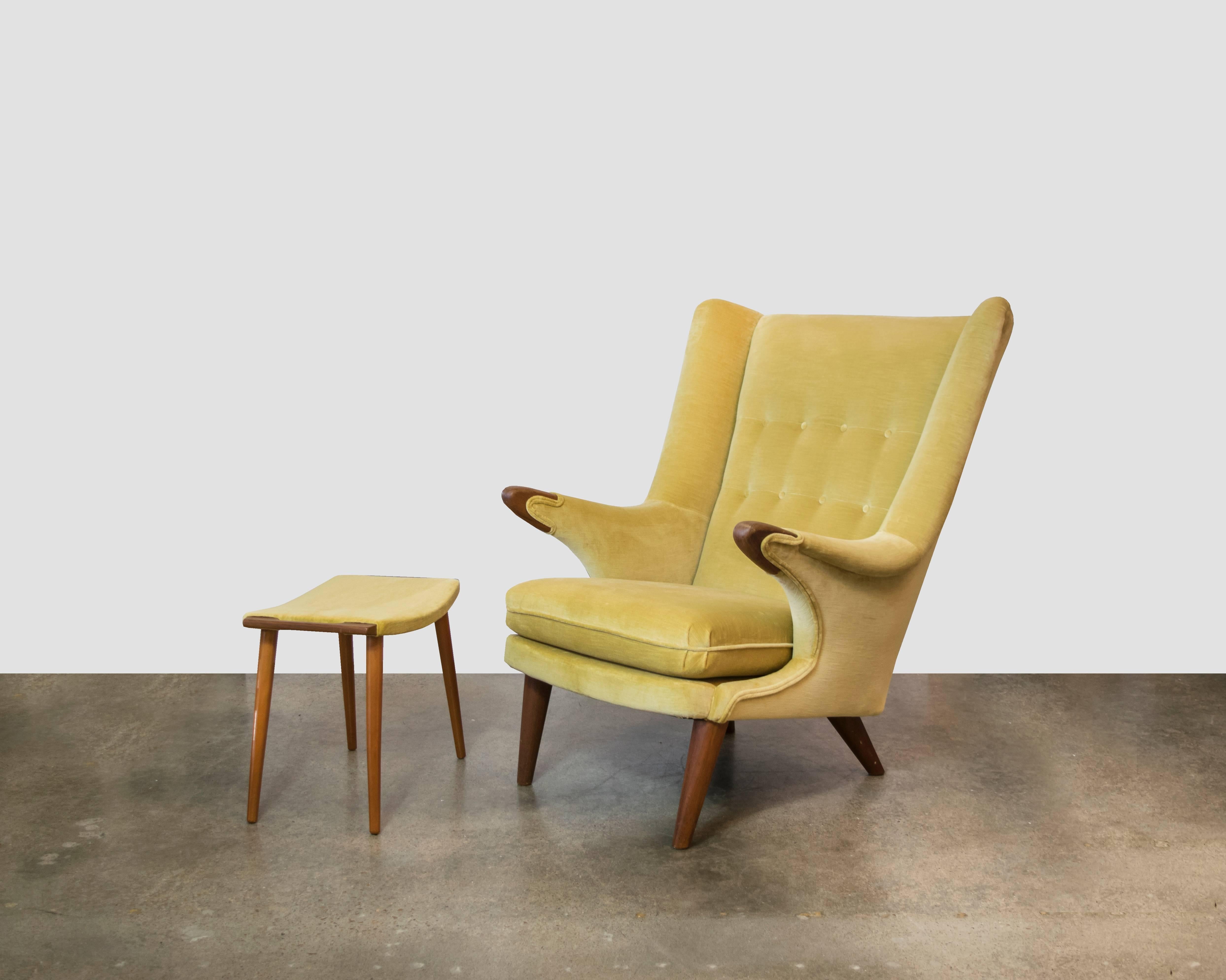 Danish Svend Skipper Papa Chair and Ottoman in Gold from the 1960s