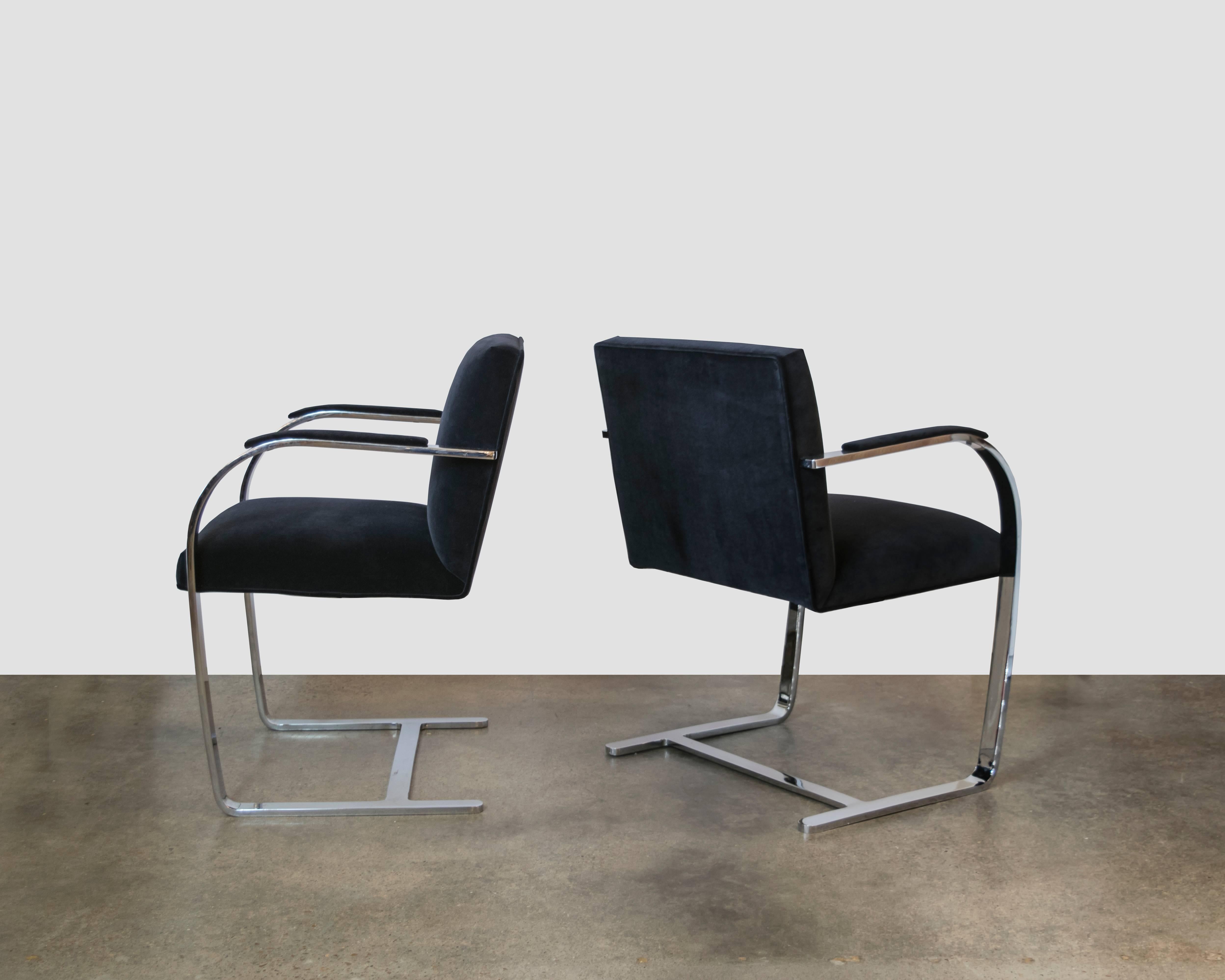 Pair of original Knoll flat bar Brno chairs reupholstered in black velvet. The chrome is in good condition, some minor pitting and wear on the top of the foot rest. Otherwise no rust or serious scratches.