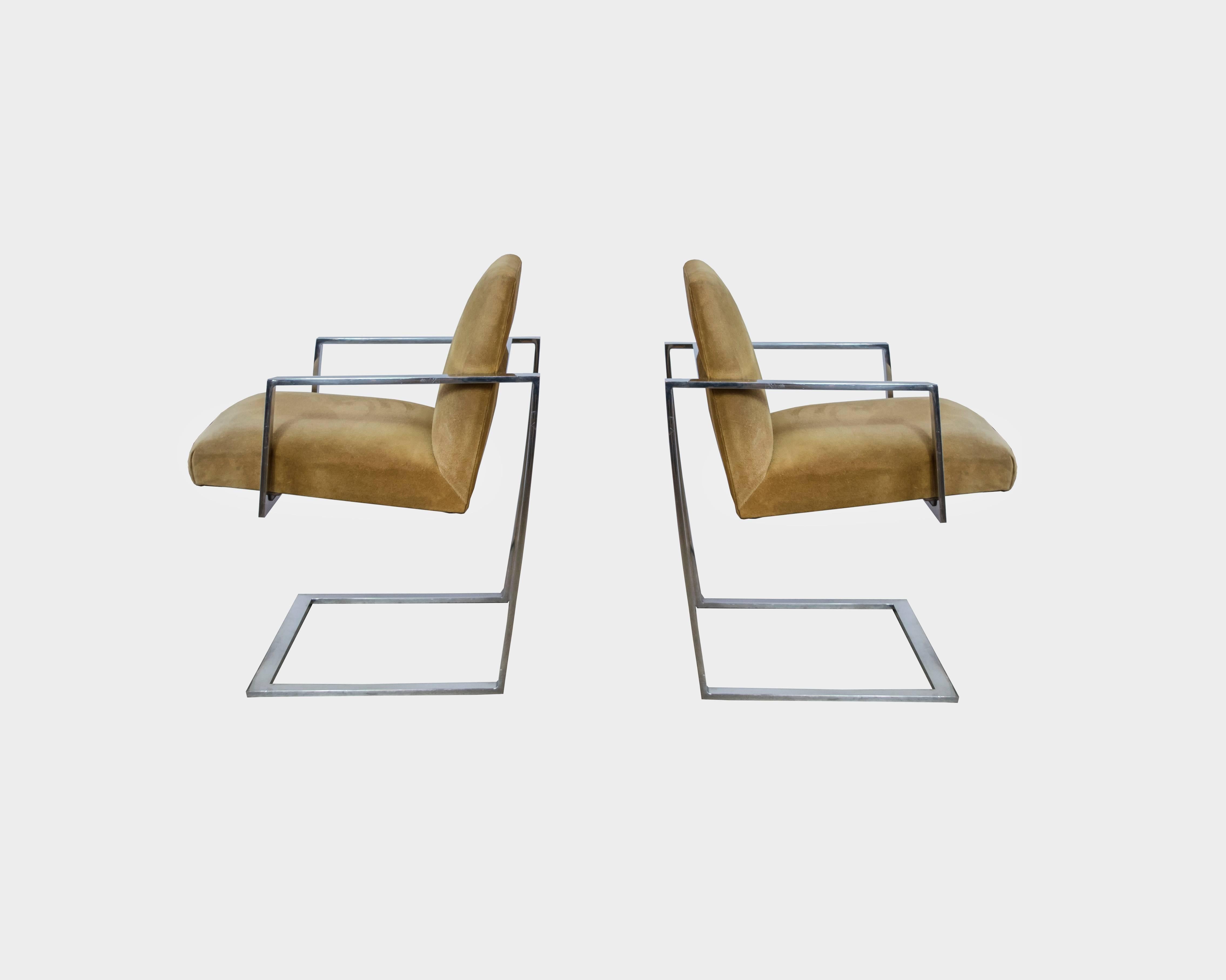 Mid-Century Modern Pace Collection Cantilevered Chrome and Camel Suede Chairs