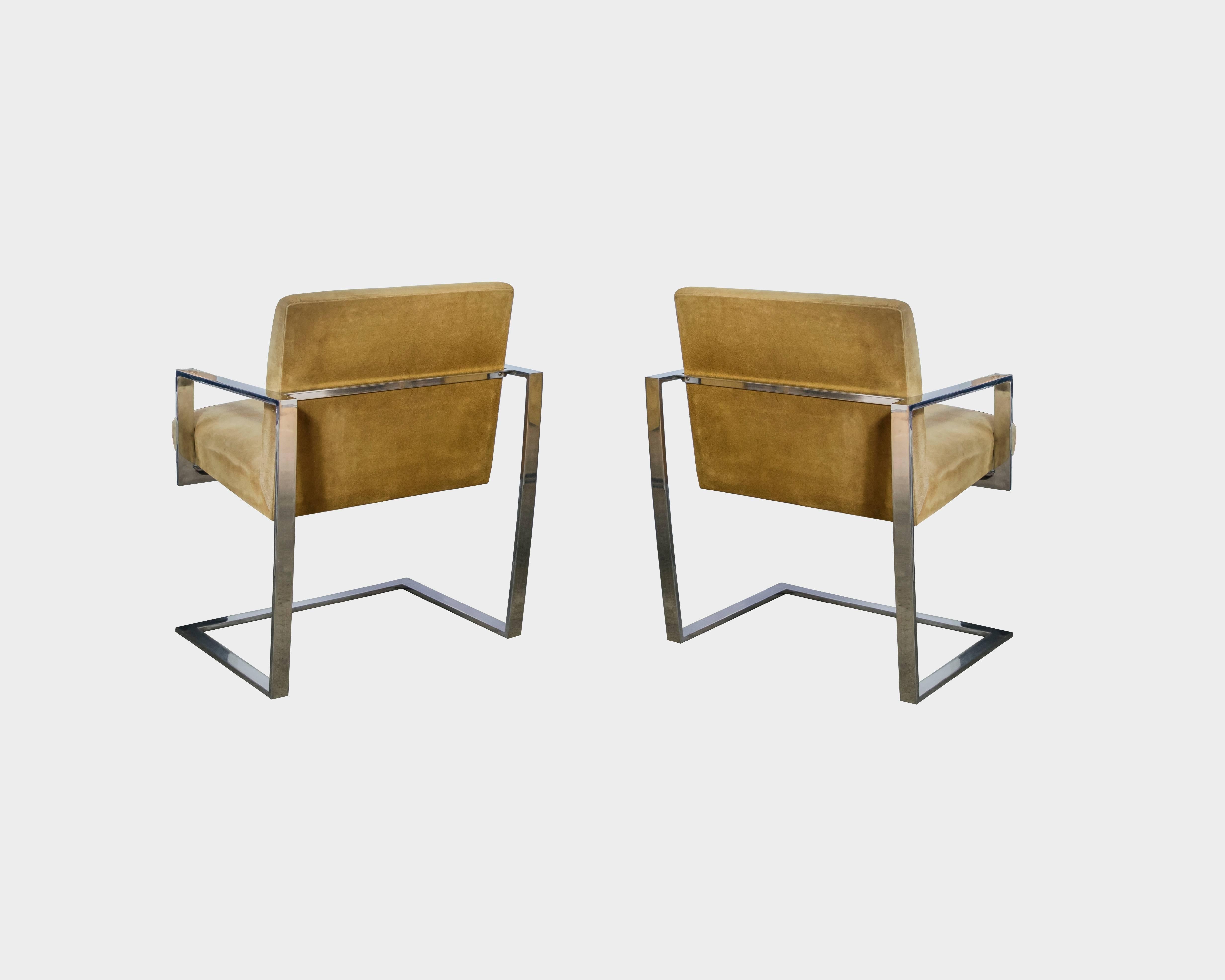 American Pace Collection Cantilevered Chrome and Camel Suede Chairs