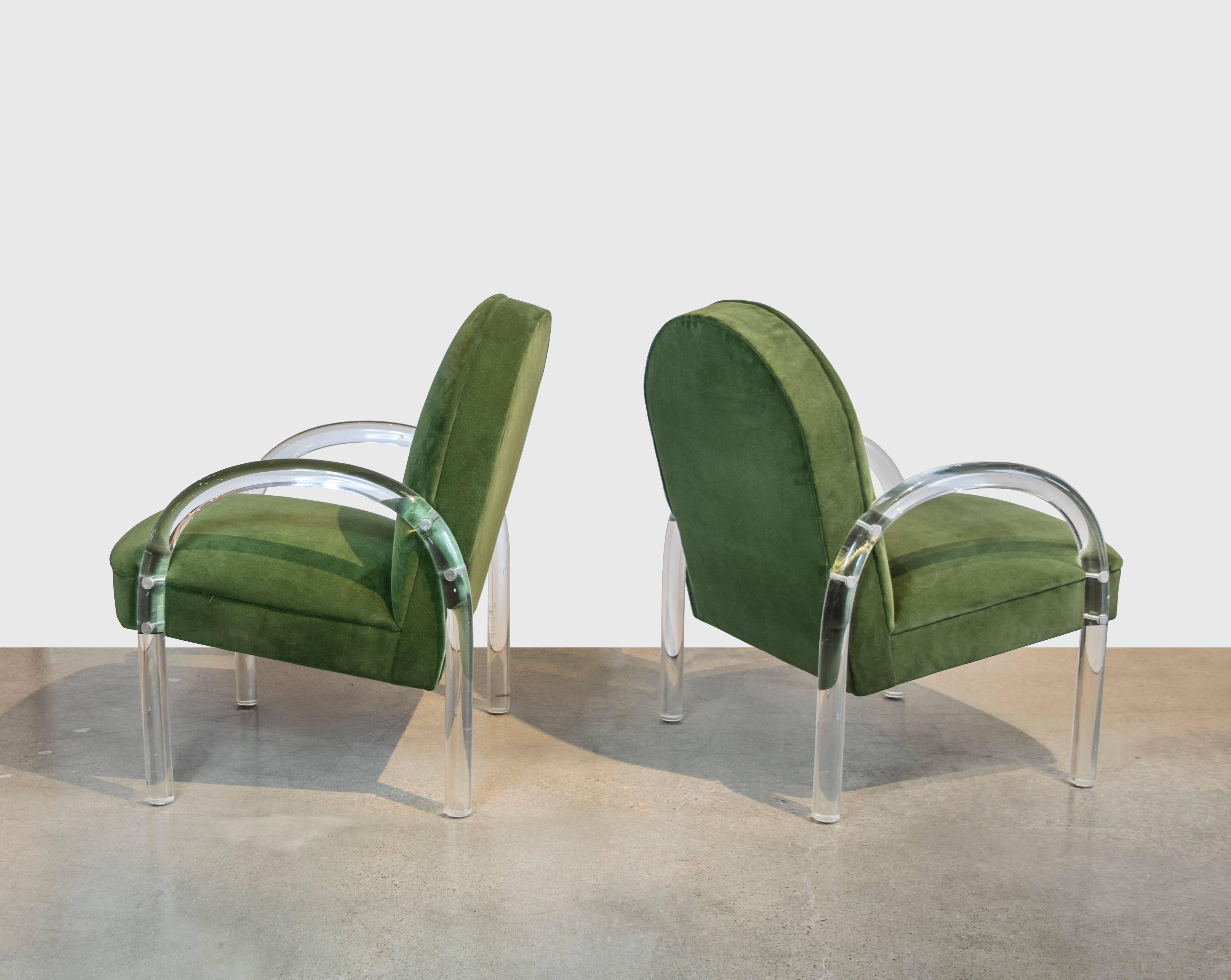 Mid-Century Modern Pair of Pace Collection Lucite Club Chairs in Green Velvet