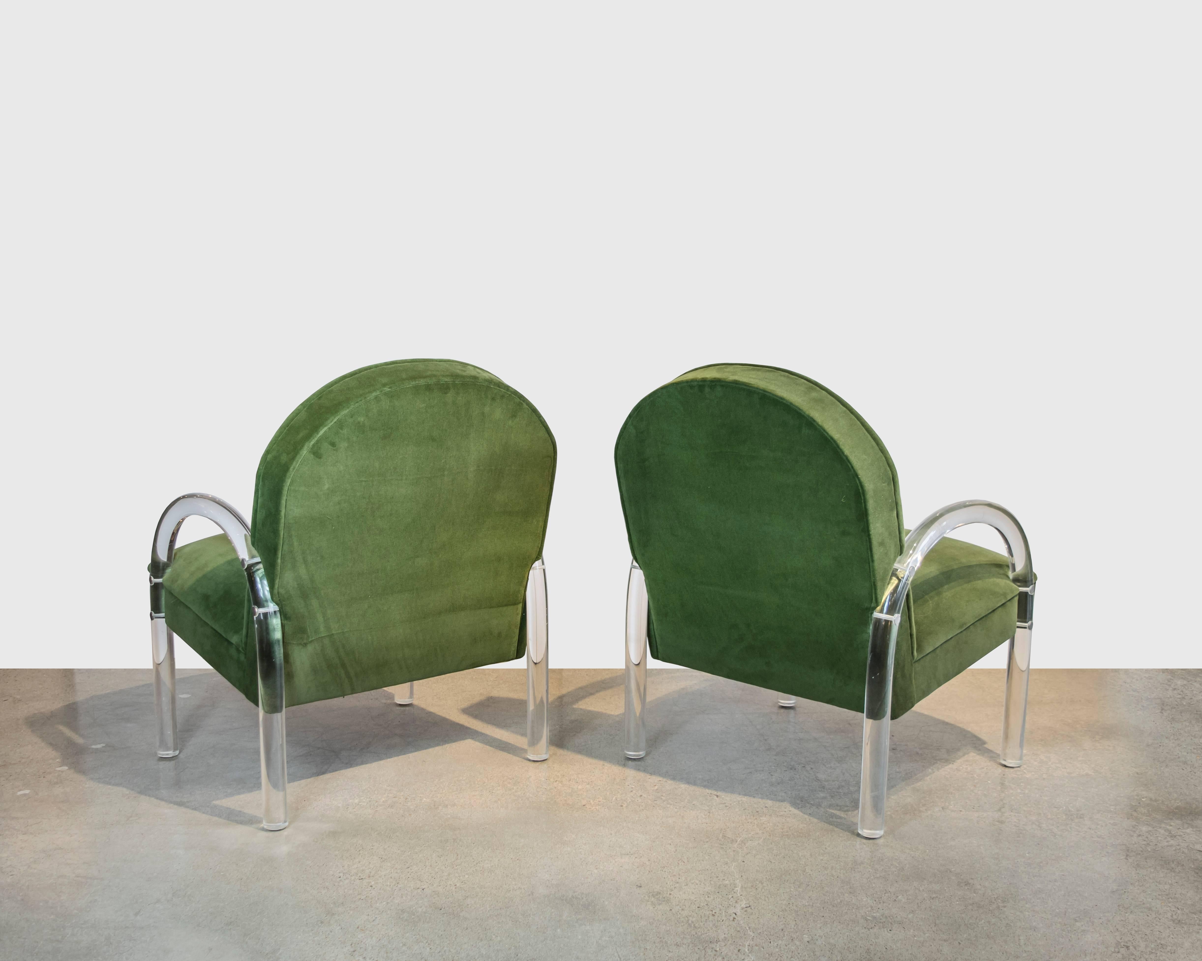 American Pair of Pace Collection Lucite Club Chairs in Green Velvet