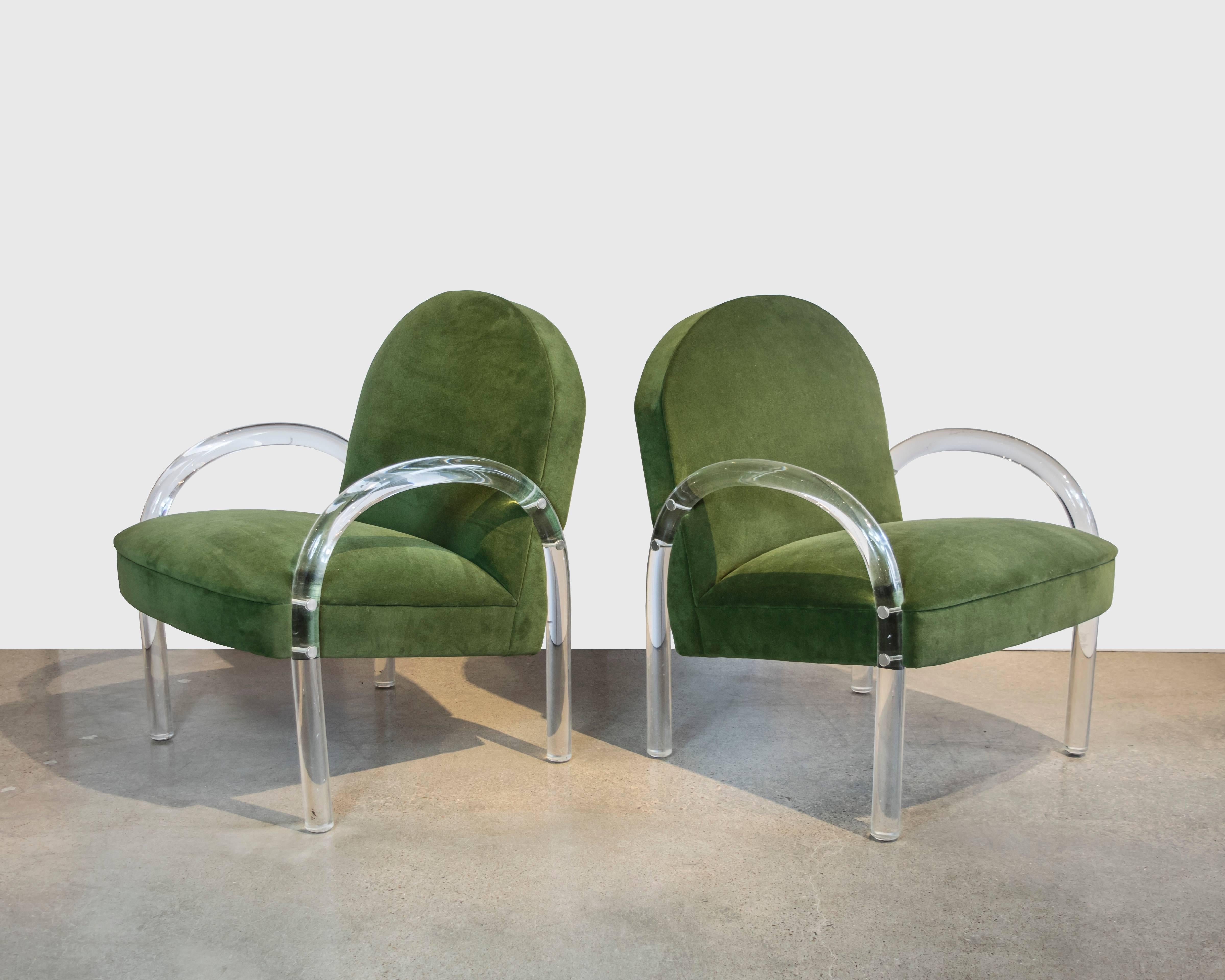 Exceptional pair of Pace Lucite lounge chairs recently upholstered in Loden green velvet.