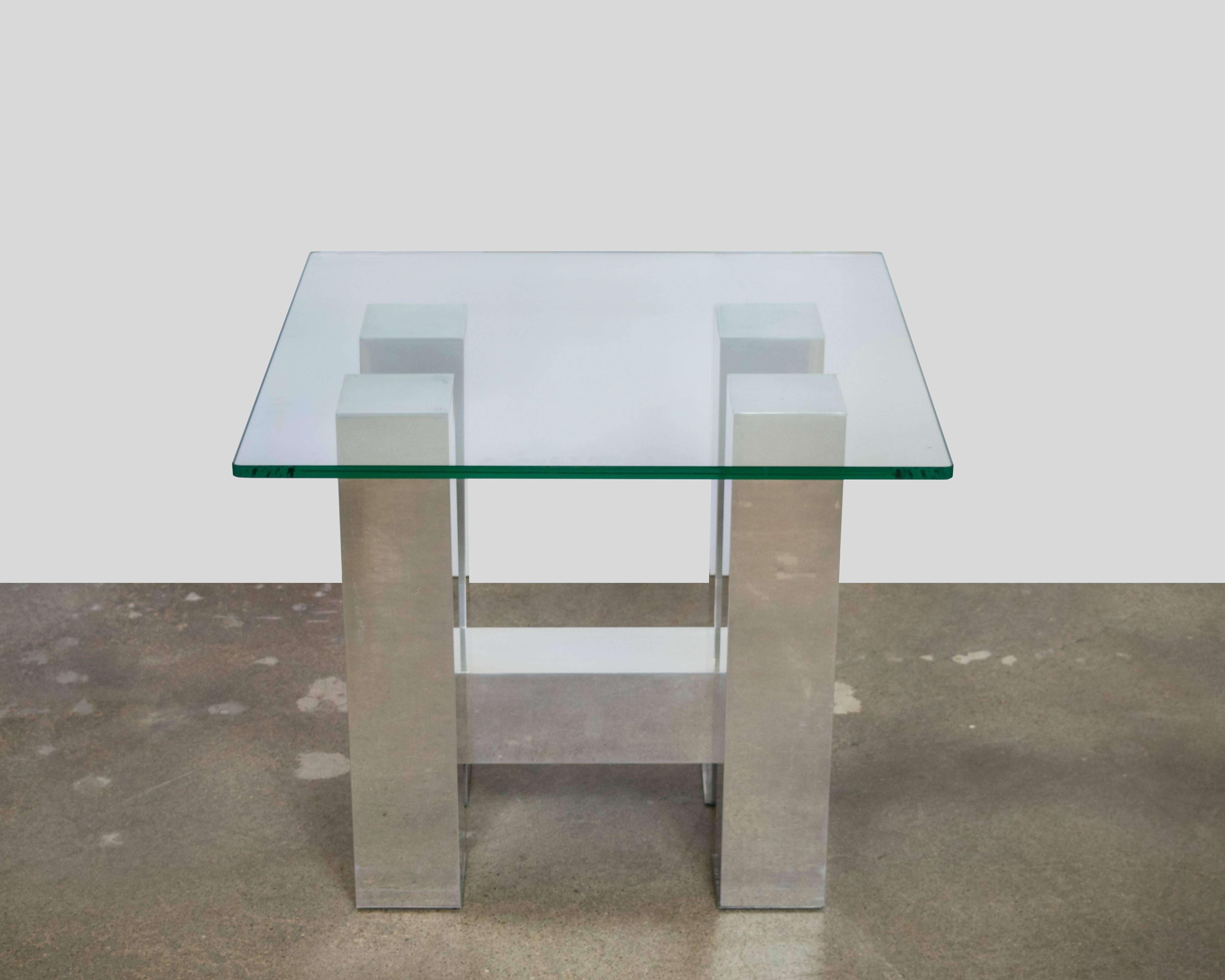 Manufactured by Directional Furniture, this brushed aluminum side table resembles the cityscape series for which Paul Evans is renowned for. Beautifully constructed and highly sculptural. Original client purchased from Directional Furniture showroom