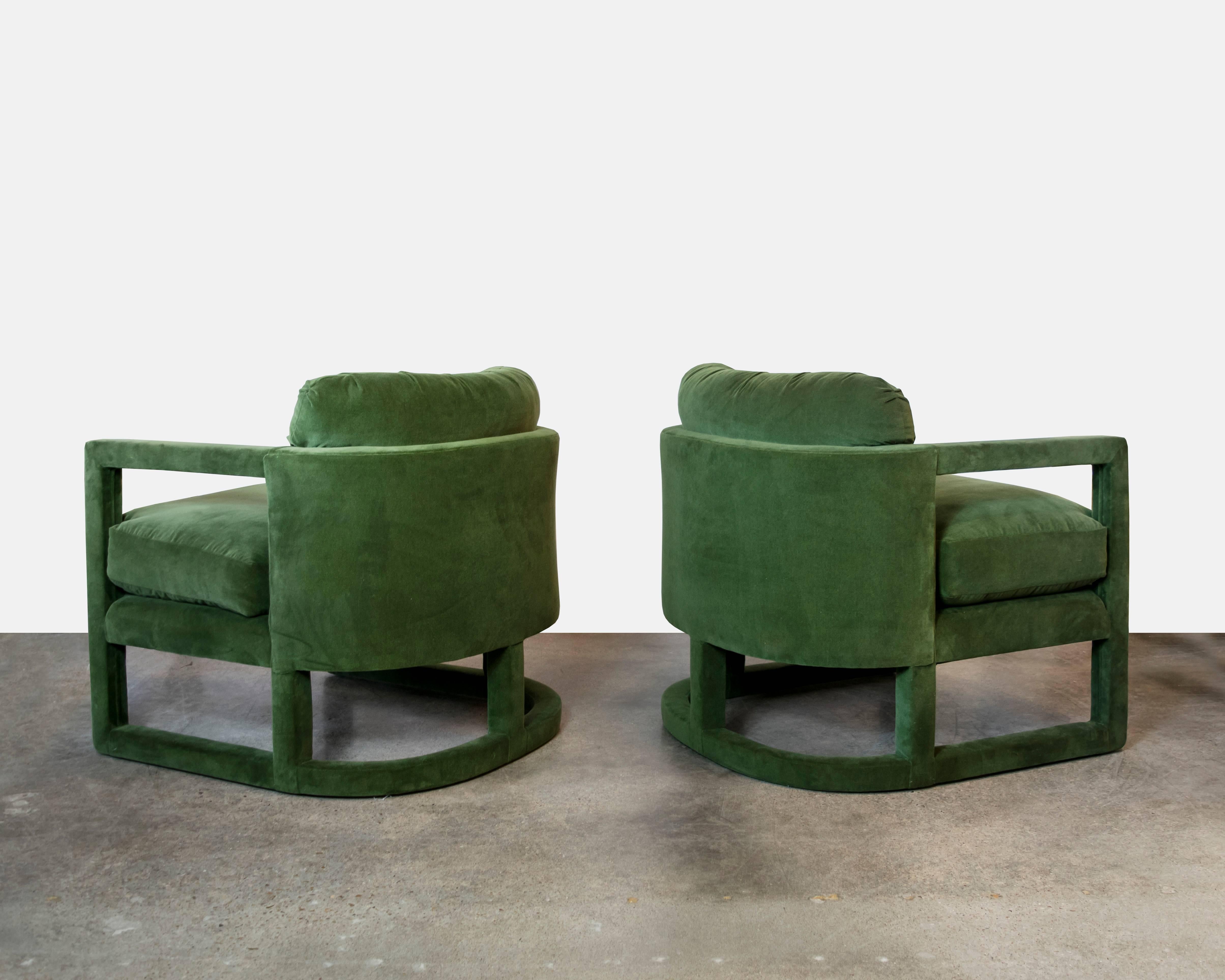 Mid-Century Modern Pair of Loden Green Velvet Fully Upholstered Chairs by Drexel