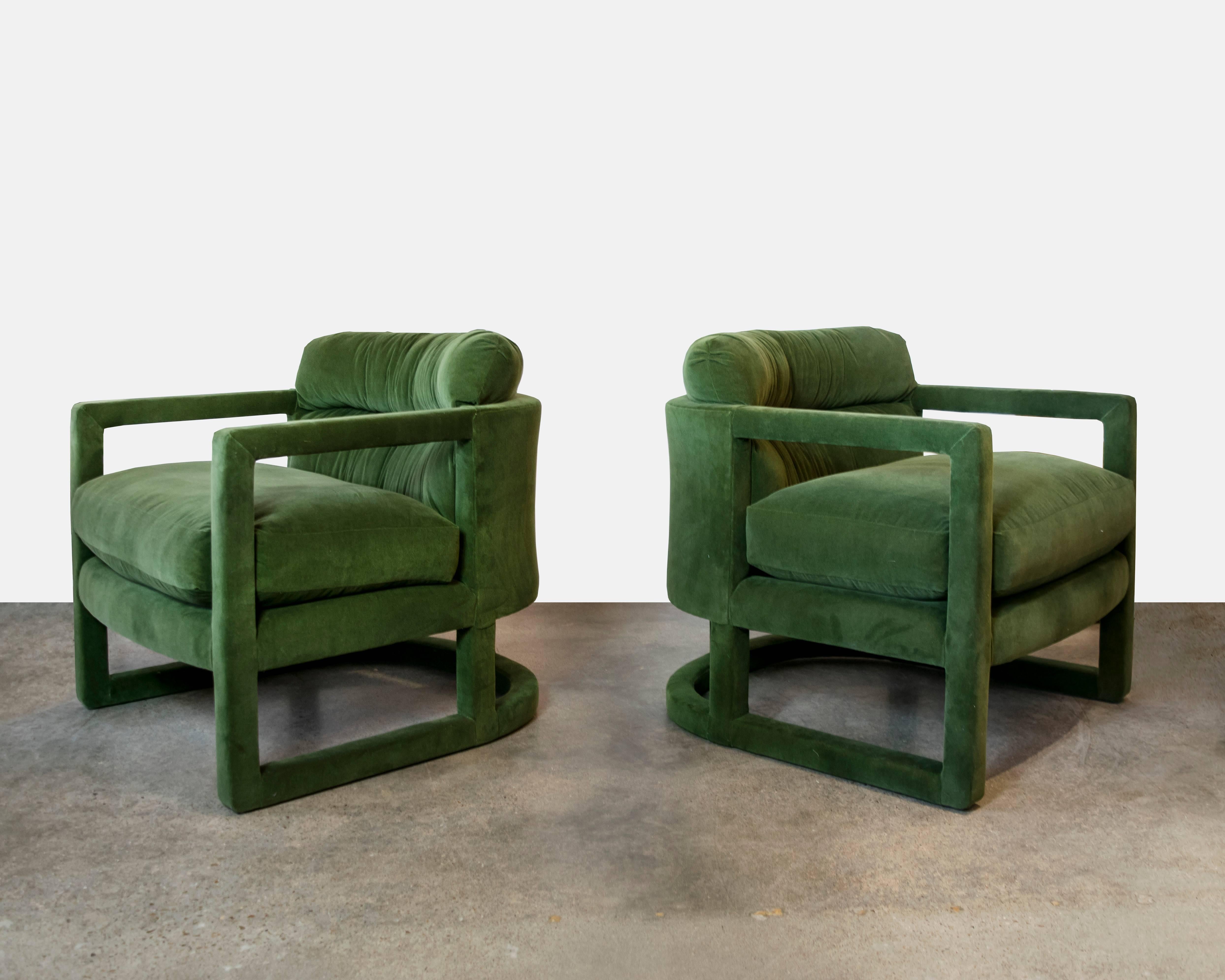 A pair of knockout sculptural chairs for Drexel either in the style of or designed by Milo Baughman with his signature 100% upholstery on the entire chair. These chairs have recently been upholstered in a loden green luscious velvet. They are so