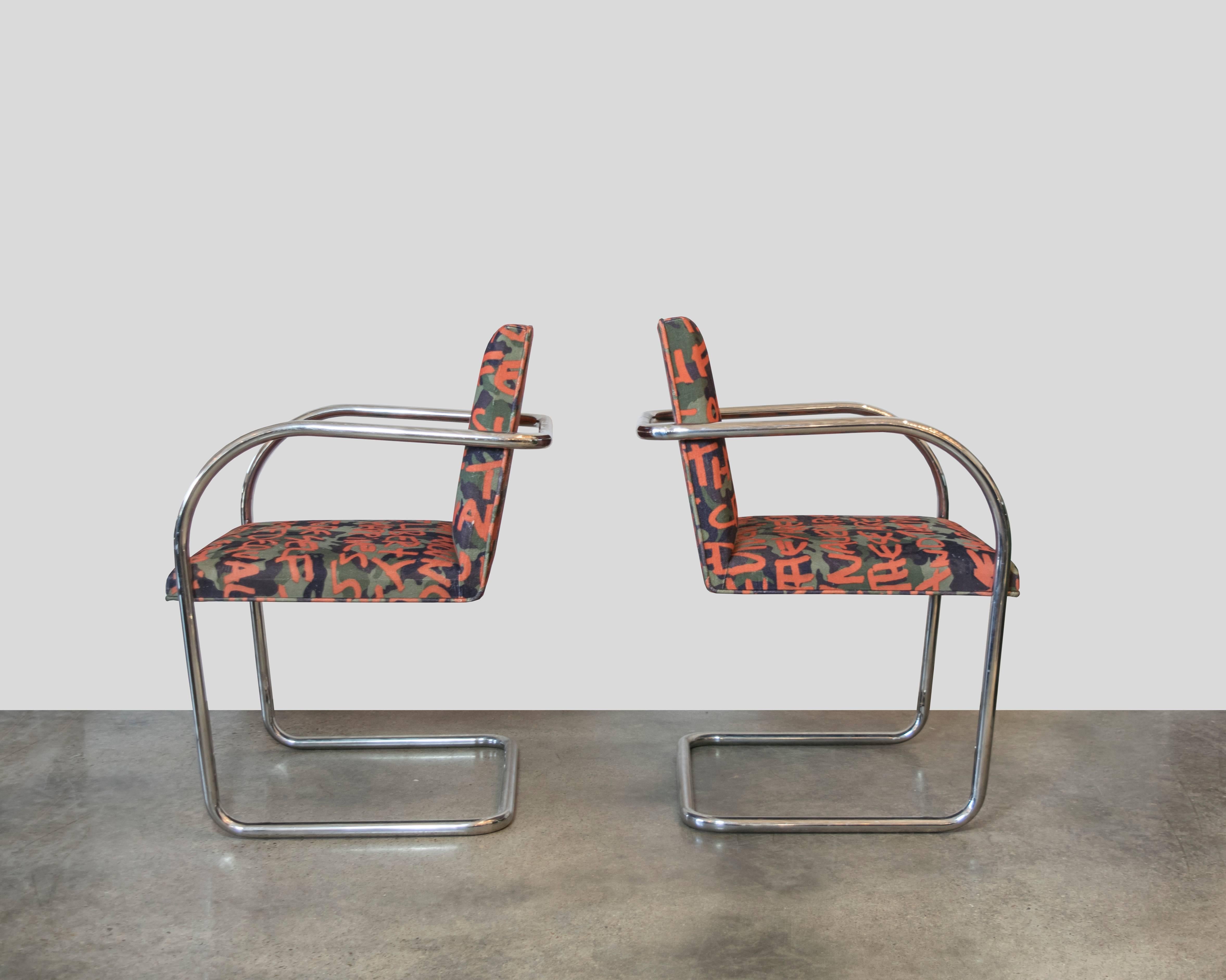 Mid-Century Modern Pair of Knoll Brno Tubular Chairs Covered in Custom Lagerfeld Upholstery For Sale