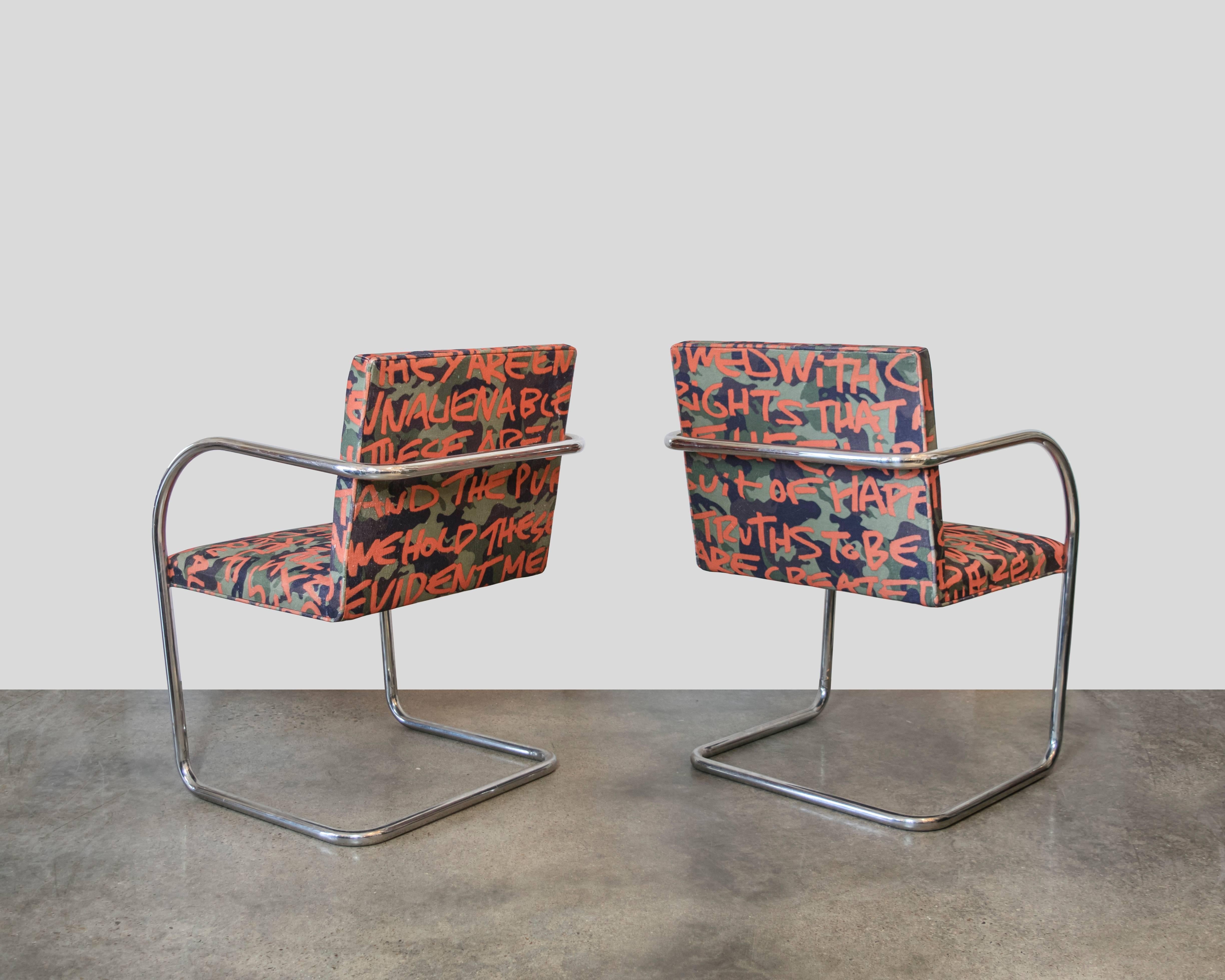 American Pair of Knoll Brno Tubular Chairs Covered in Custom Lagerfeld Upholstery For Sale