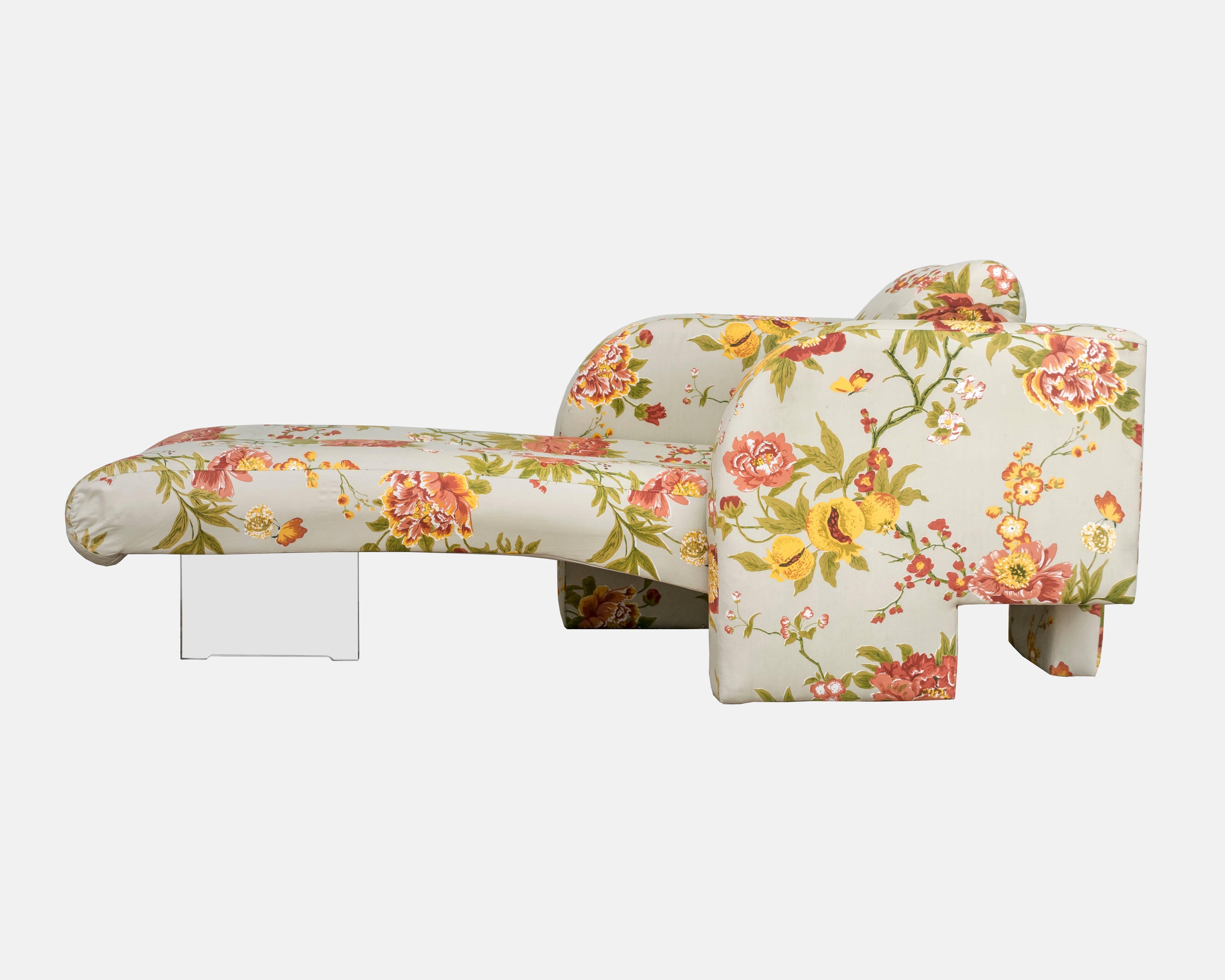 Every so often we come across one of these magnificent Vladimir Kagan omnibus style chaise lounges with channel tufting. This one has been reupholstered in the 1980s or 1990s in a floral fabric that is clean and in great shape. You could also