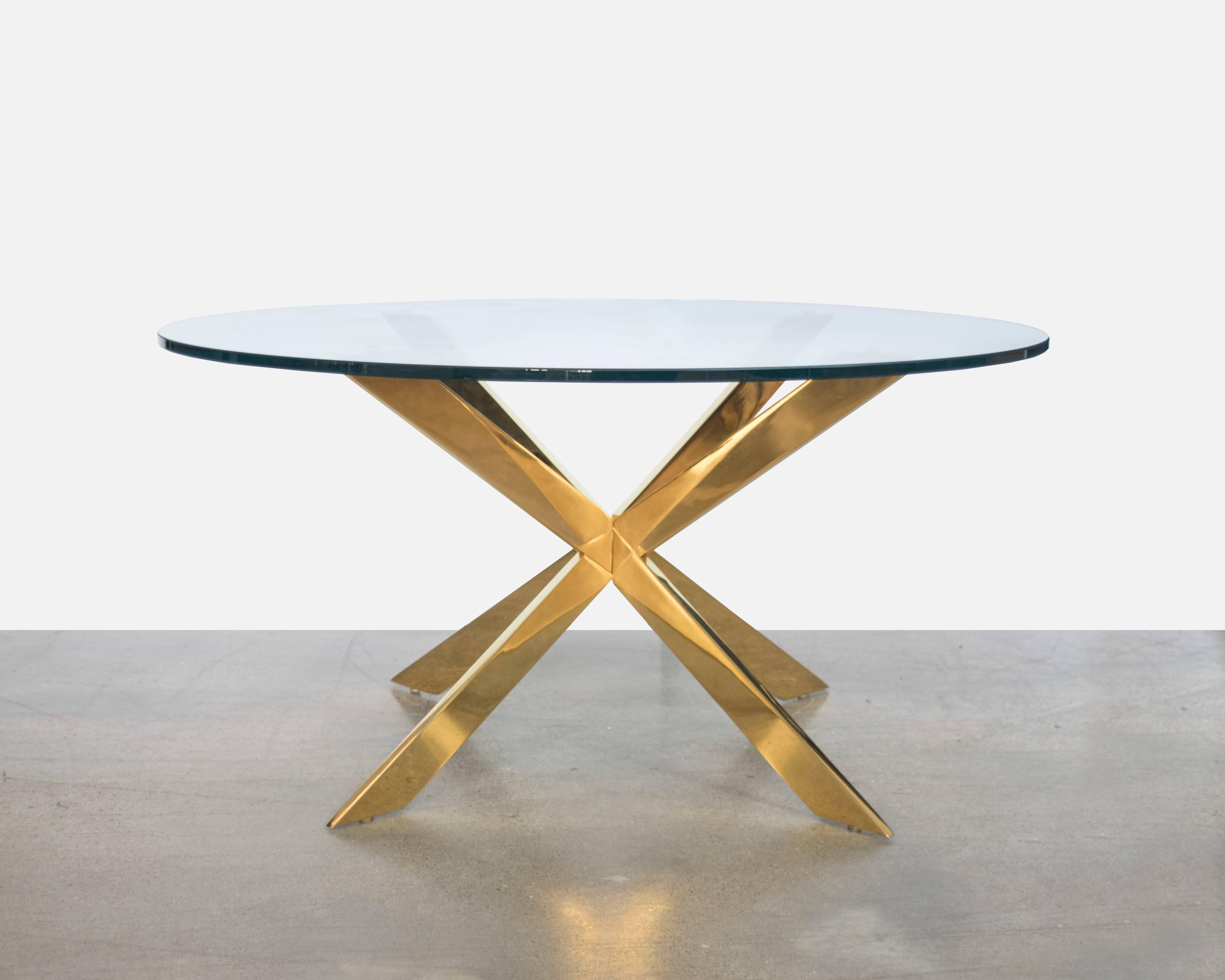 Exquisite double x-base brass coffee table designed by Leon Rosen for Pace Collection in the 1970s.