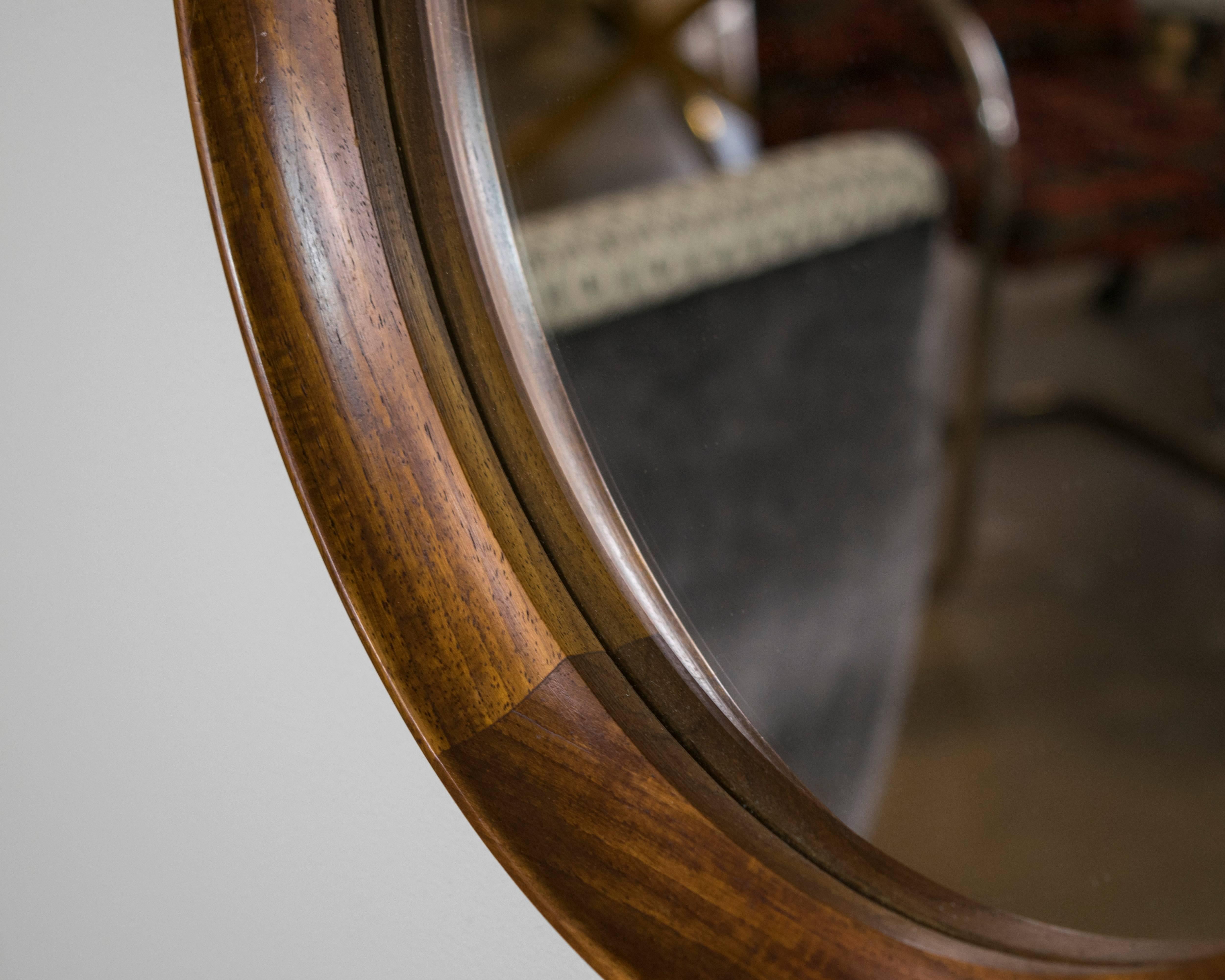 Small Round Vintage Rosewood Mirror with Leather Hanging Strap In Excellent Condition In Houston, TX