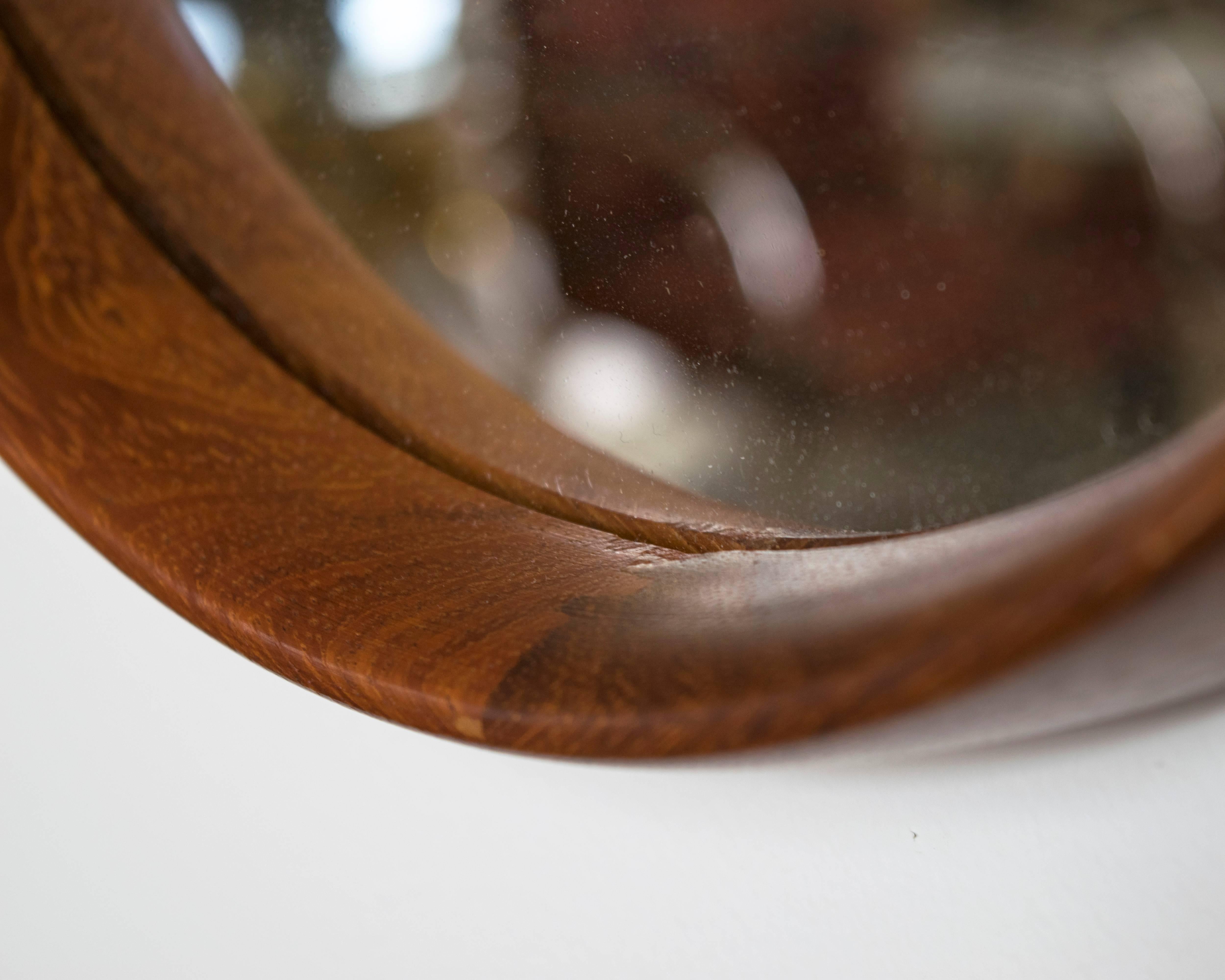 Vintage Round Rosewood Mirror with Leather Hanging Strap In Excellent Condition For Sale In Houston, TX