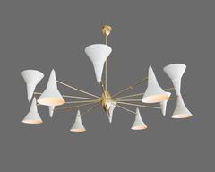 Stilnovo Brass Twelve-Arm Chandelier with Adjustable Ivory Cones