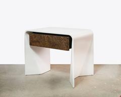 Donghia Tendu White Lacquer End Table with One Burled Walnut Veneer Drawer