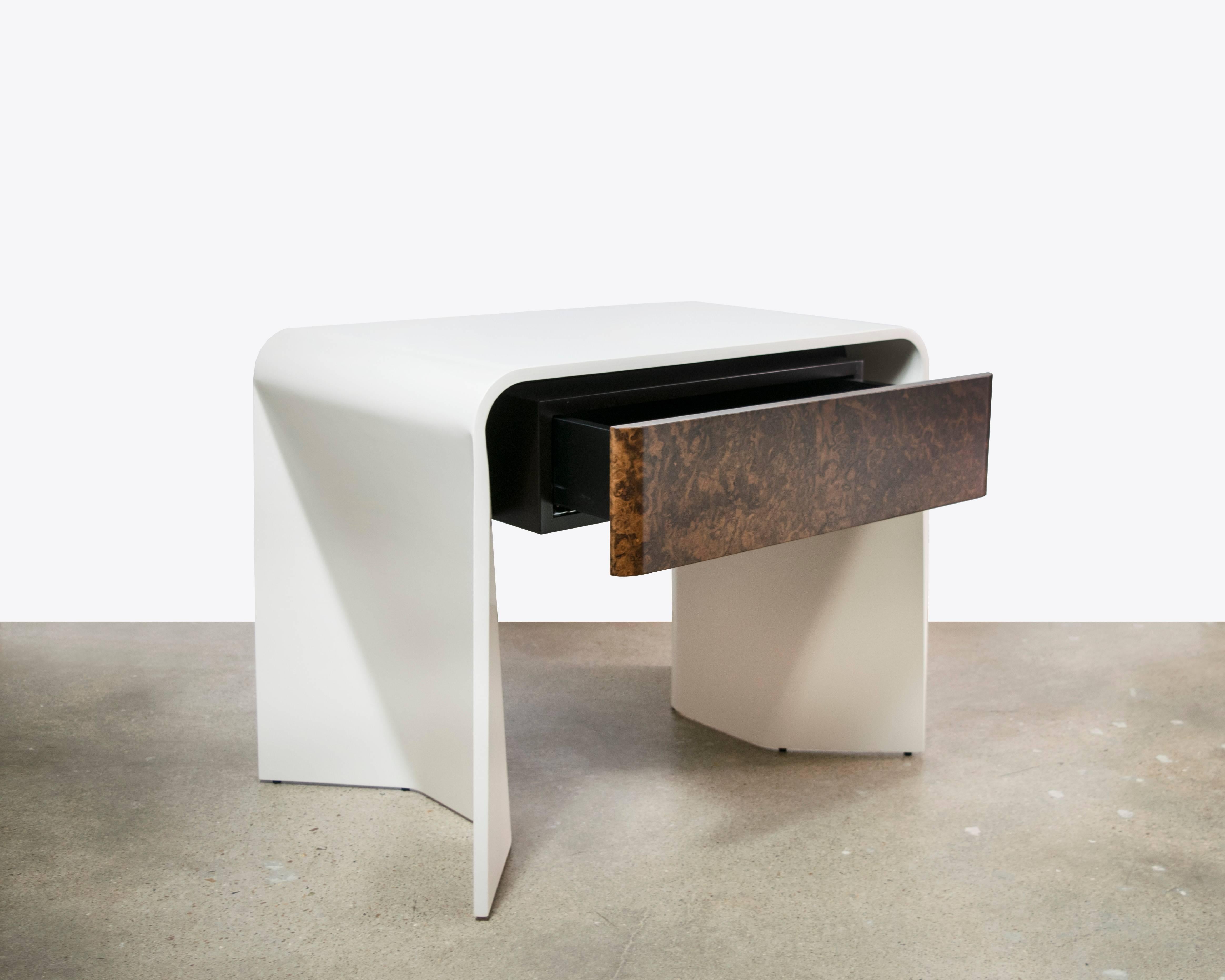 Mid-Century Modern Donghia Tendu White Lacquer End Table with One Burled Walnut Veneer Drawer For Sale