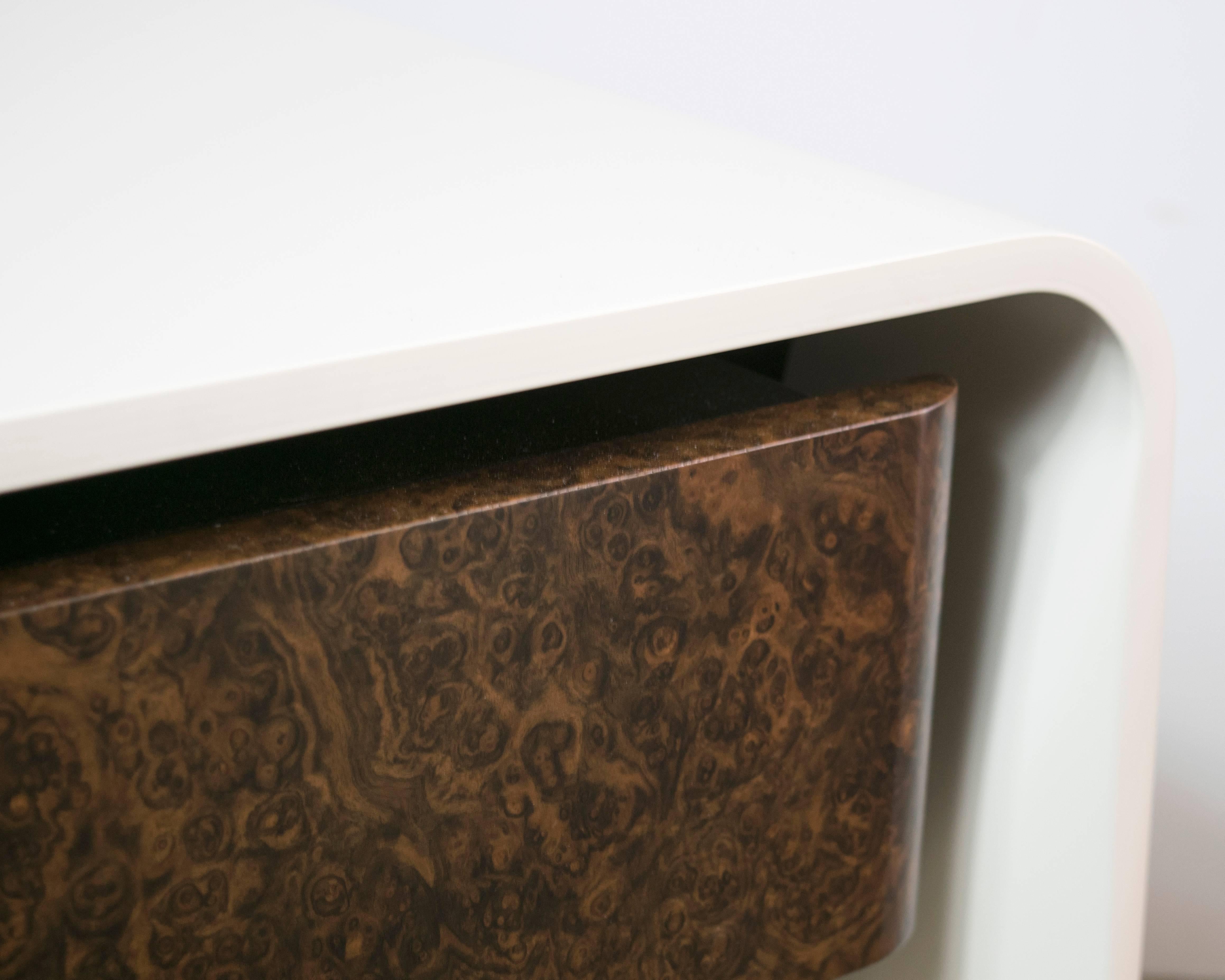 Italian Donghia Tendu White Lacquer End Table with One Burled Walnut Veneer Drawer For Sale
