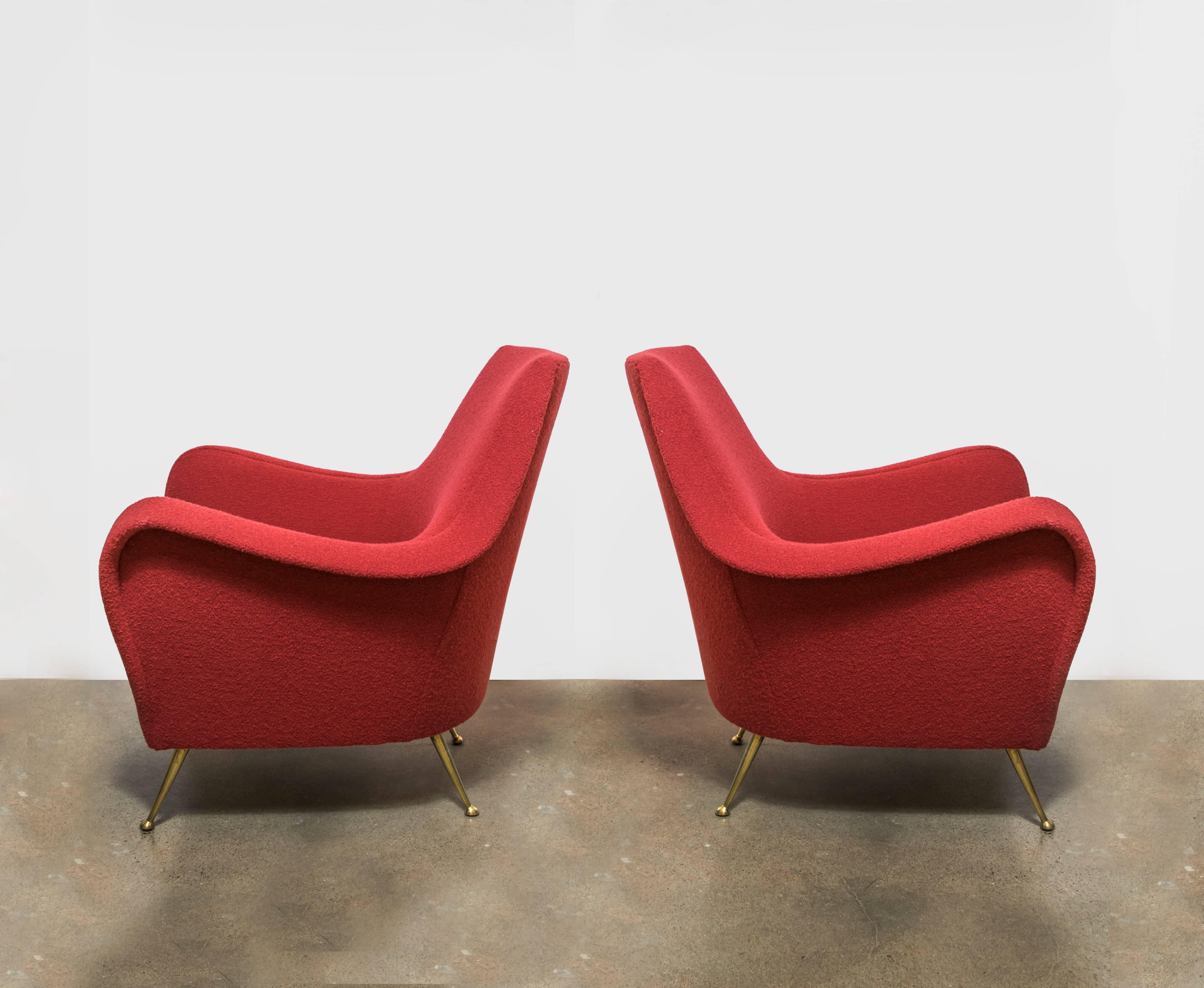 An elegant pair of Italian Mid-Century chairs by Arflex, in the style of Marco Zanuso and Ico Parisi. With stiletto brass legs, and a new Knoll textiles Classic bouclé in cayenne upholstery. Stunning and comfortable!