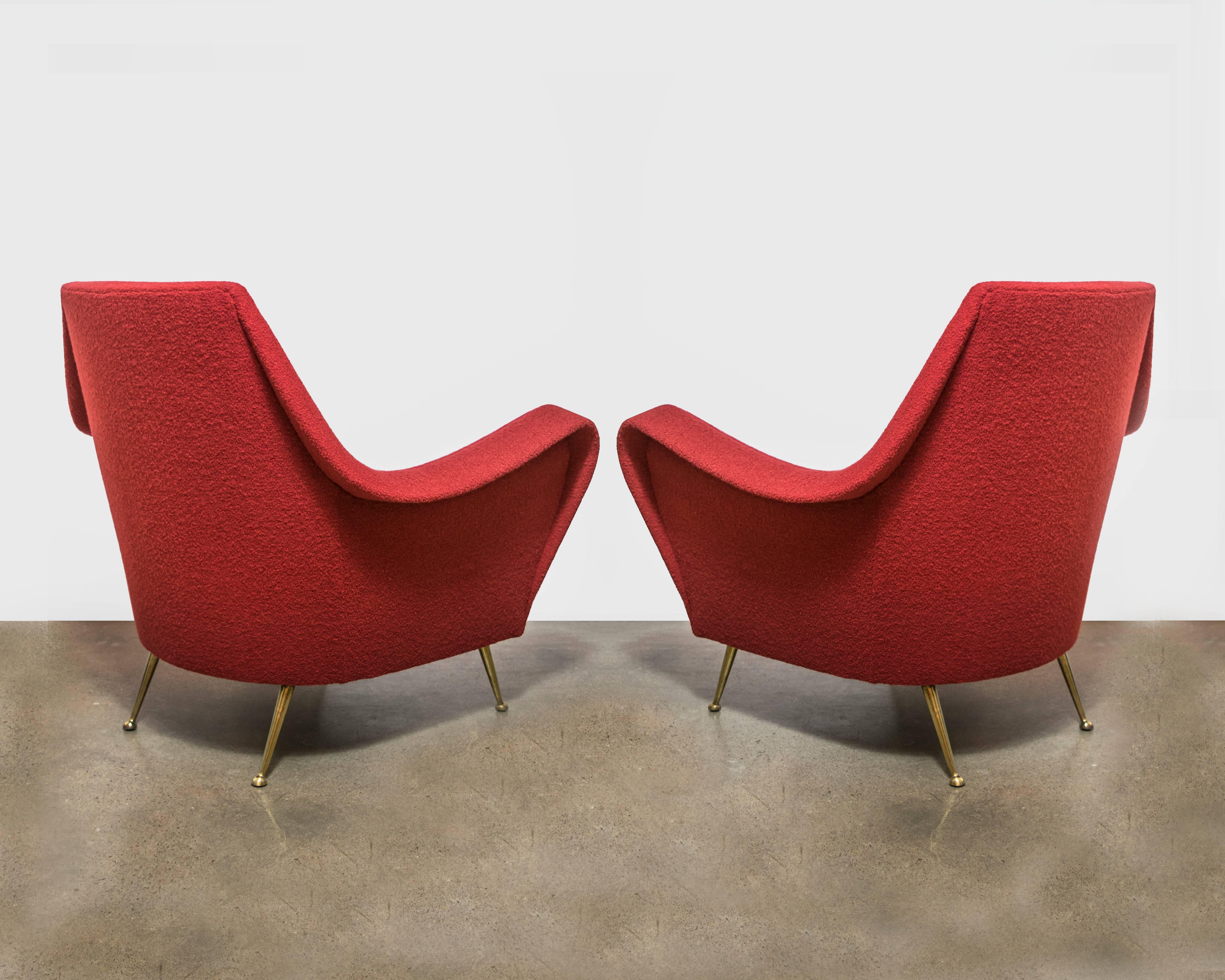 Mid-Century Modern Italian Mid-Century Pair of Chairs with Brass Legs in Red Boucle