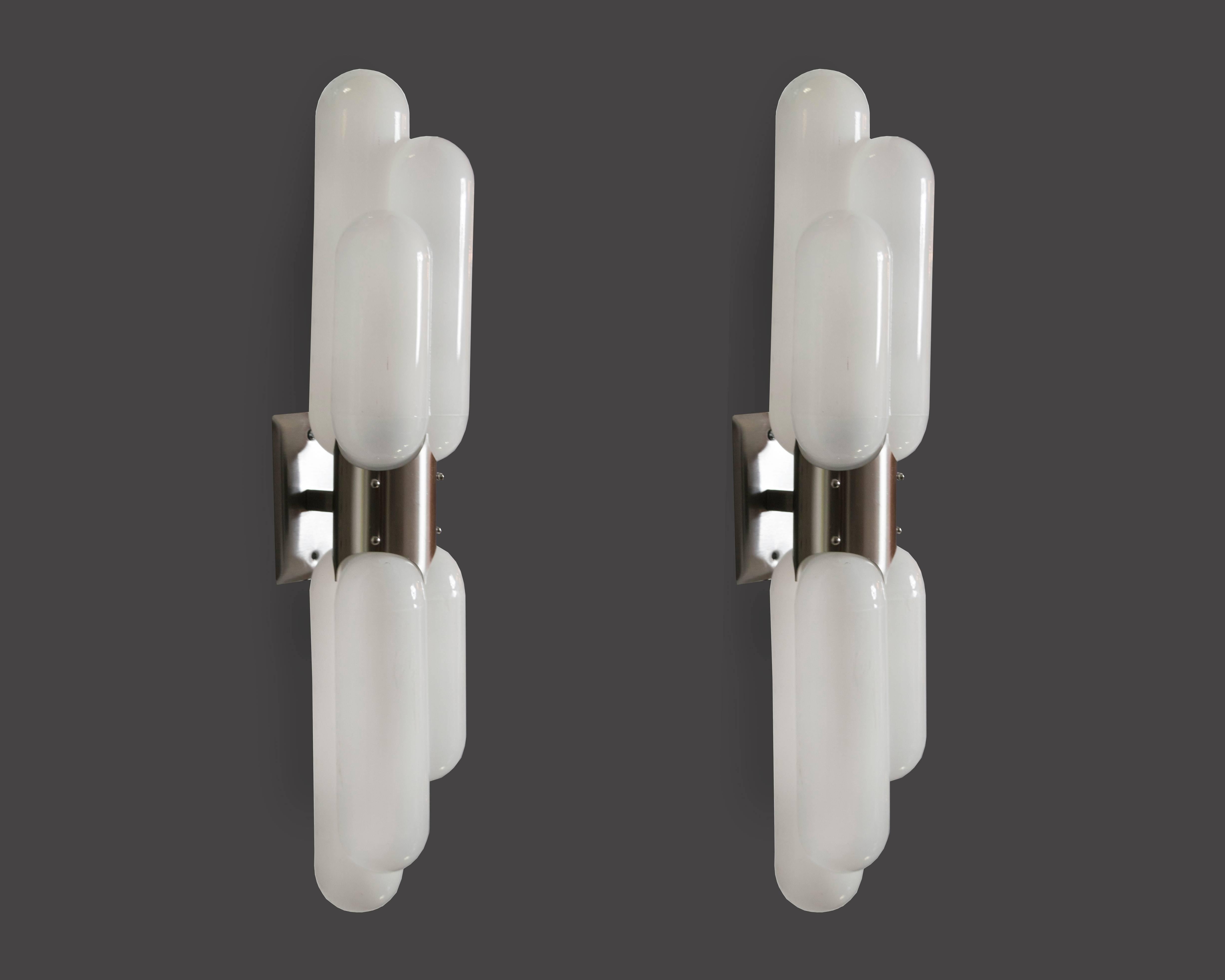 Pair of Carlo Nason for Mazzega Aluminum and Handblown Glass Torpedo Sconces In Excellent Condition In Houston, TX