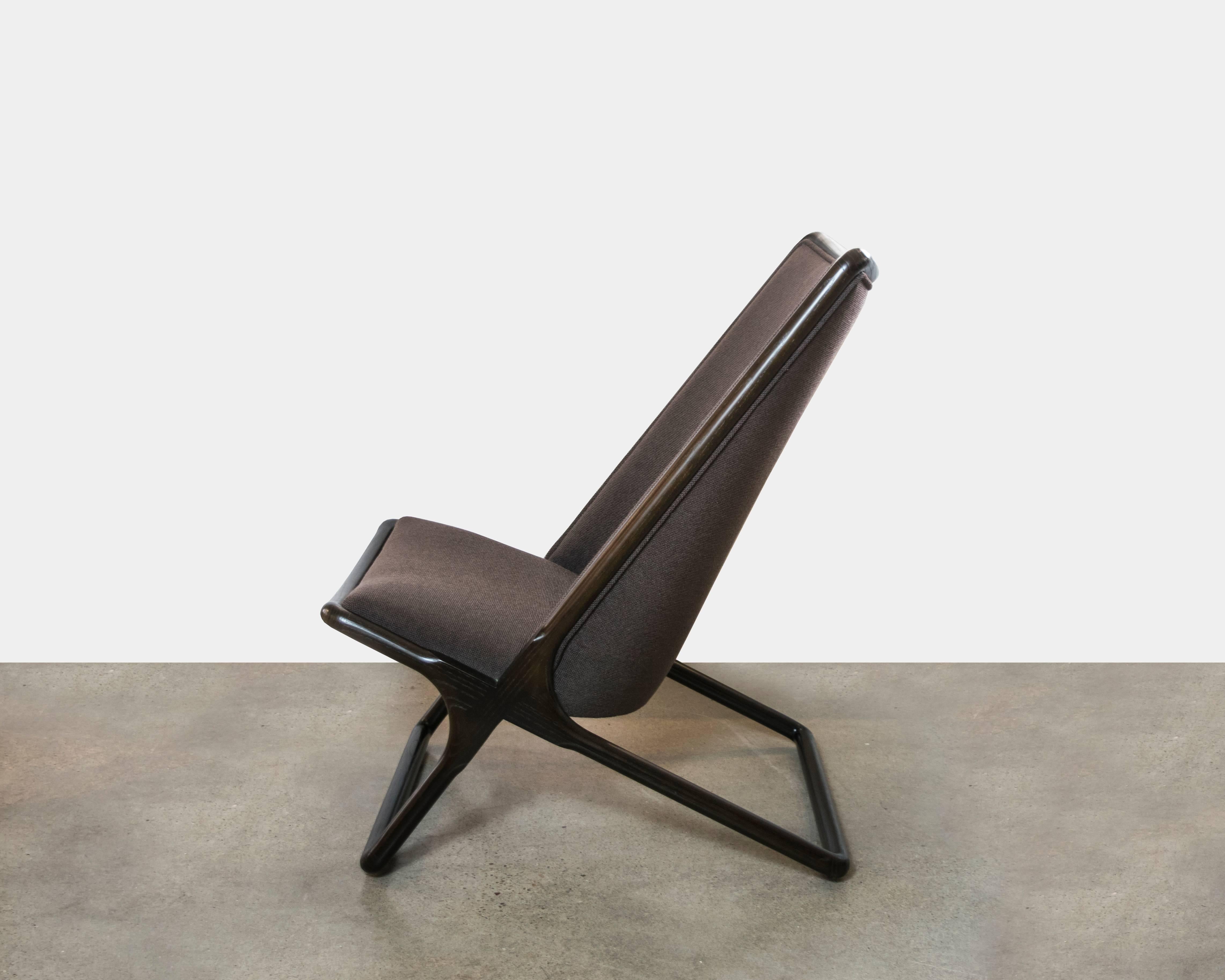 Exceptionally rare Ward Bennett Scissor chair in beautiful chocolate brown wood with slight cerusing. Upholstered in Geiger Textiles Iron Cloth, color I9571 Umber.
