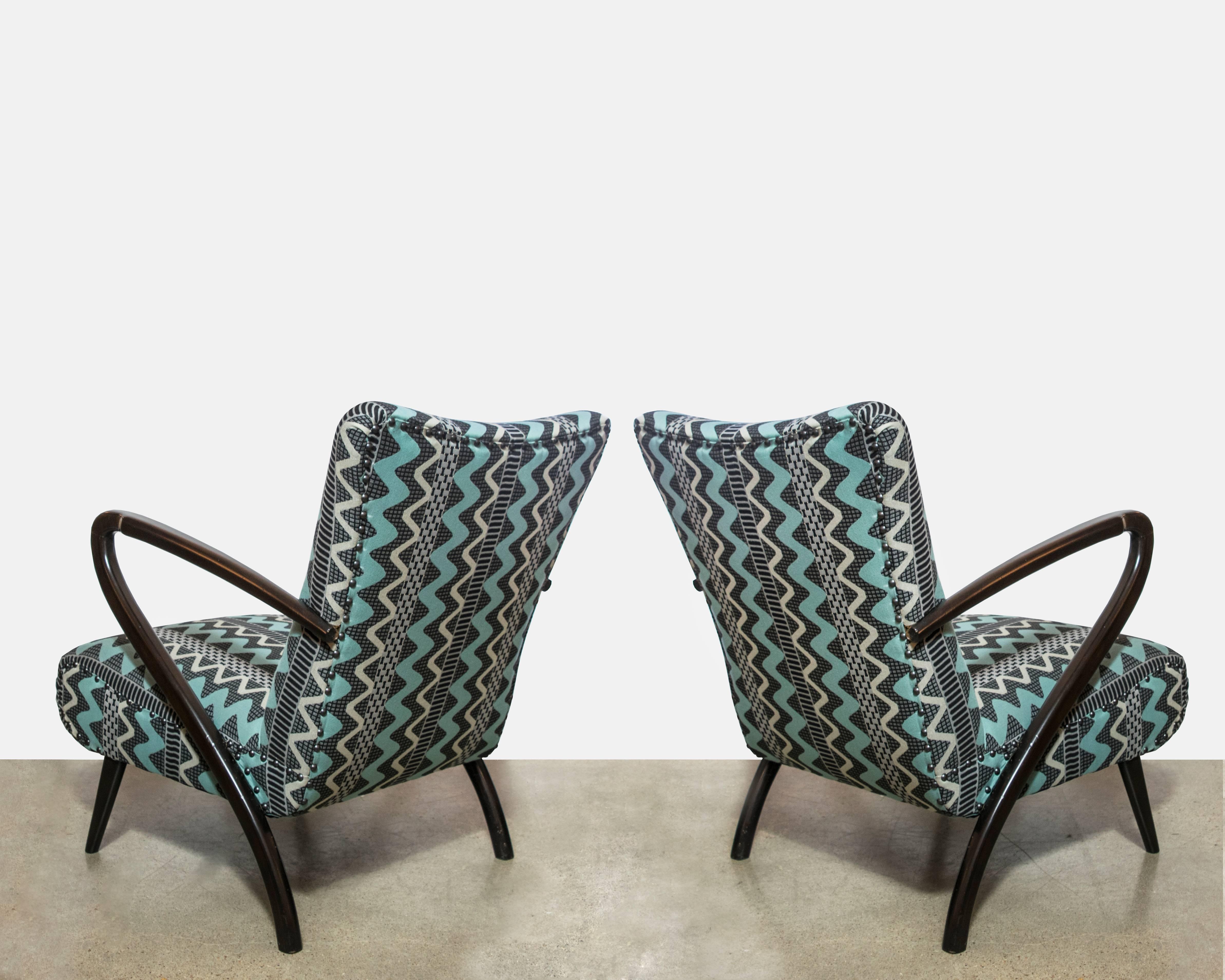 Mid-Century Modern Pair of Midcentury Italian Chairs with Bentwood Arms in Knoll Upholstery