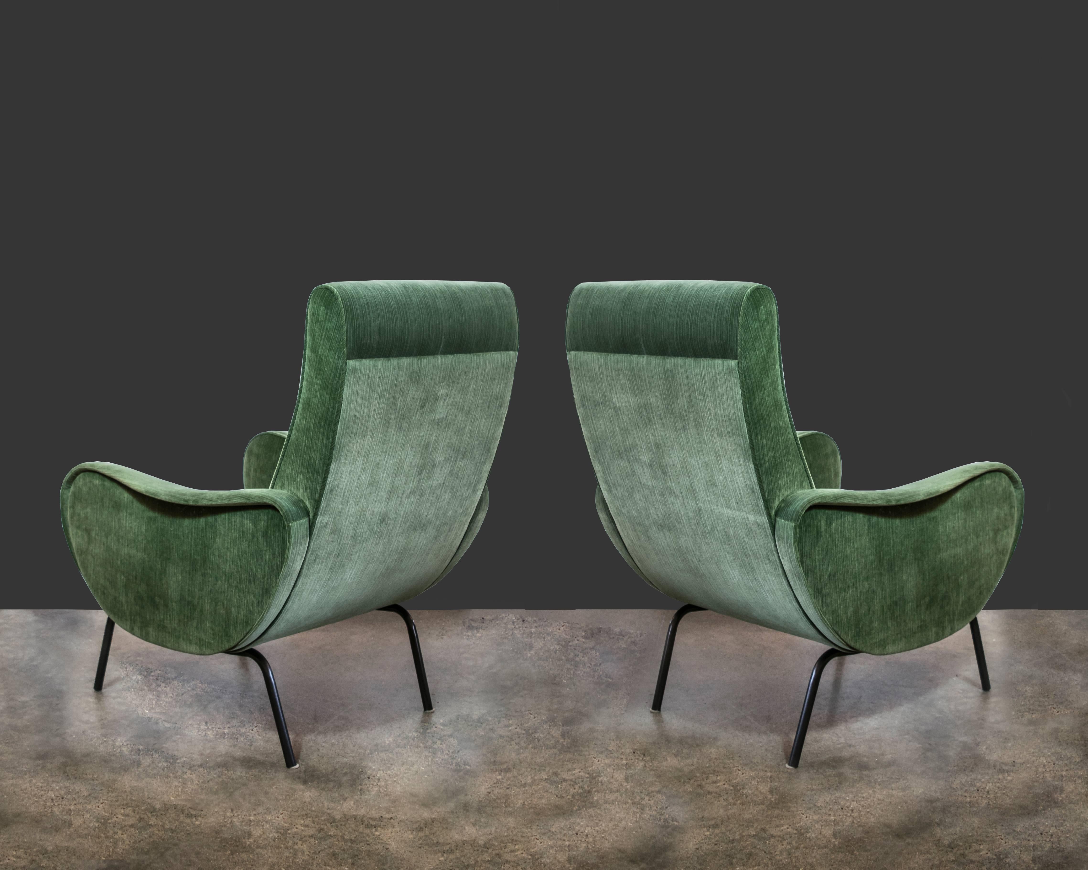 Gorgeous midcentury Italian Arflex chairs with wrought iron bases, recently recovered in striated green velvet.