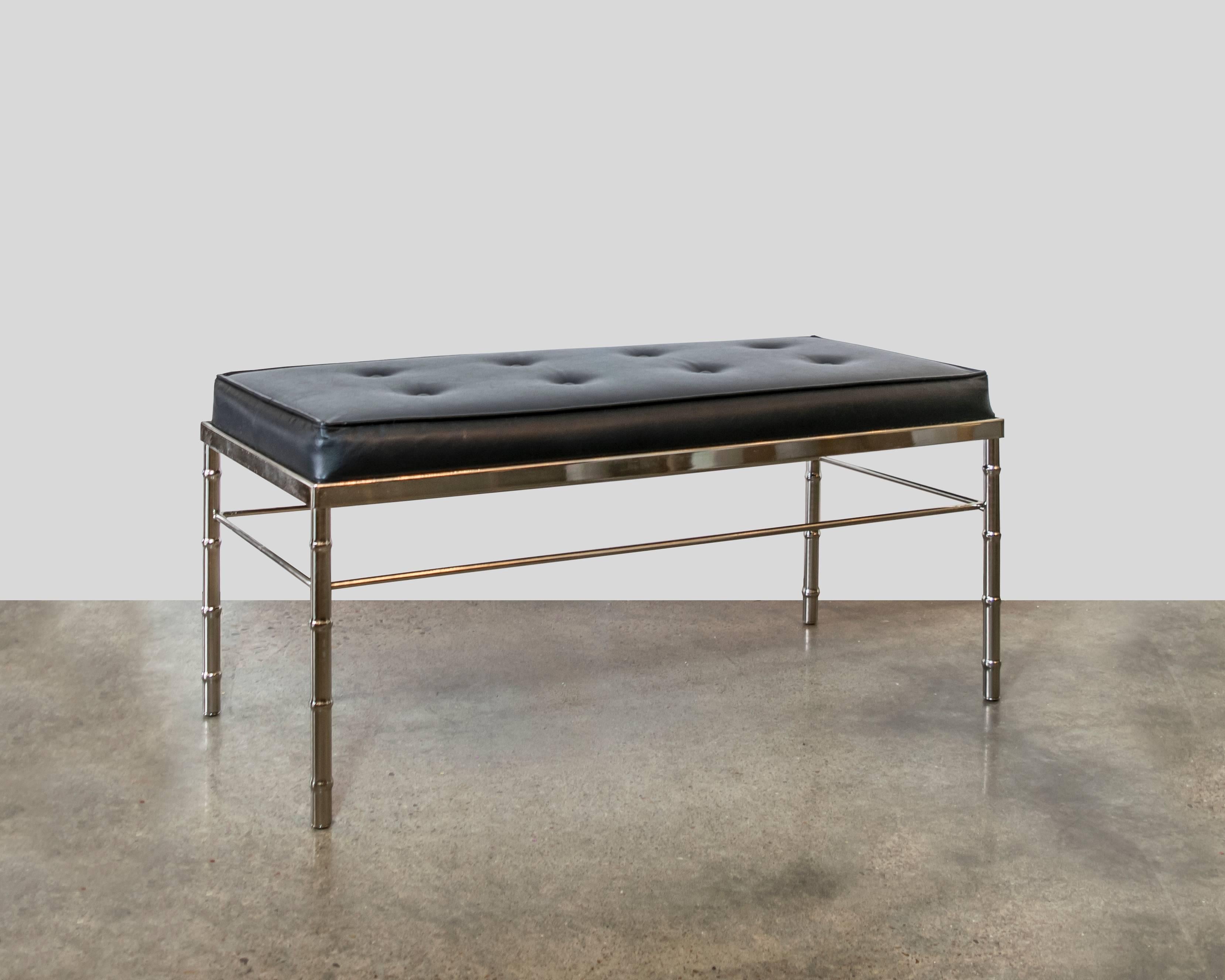 Late 20th Century Faux Bamboo, Chrome and Black Tufted Leather Bench For Sale