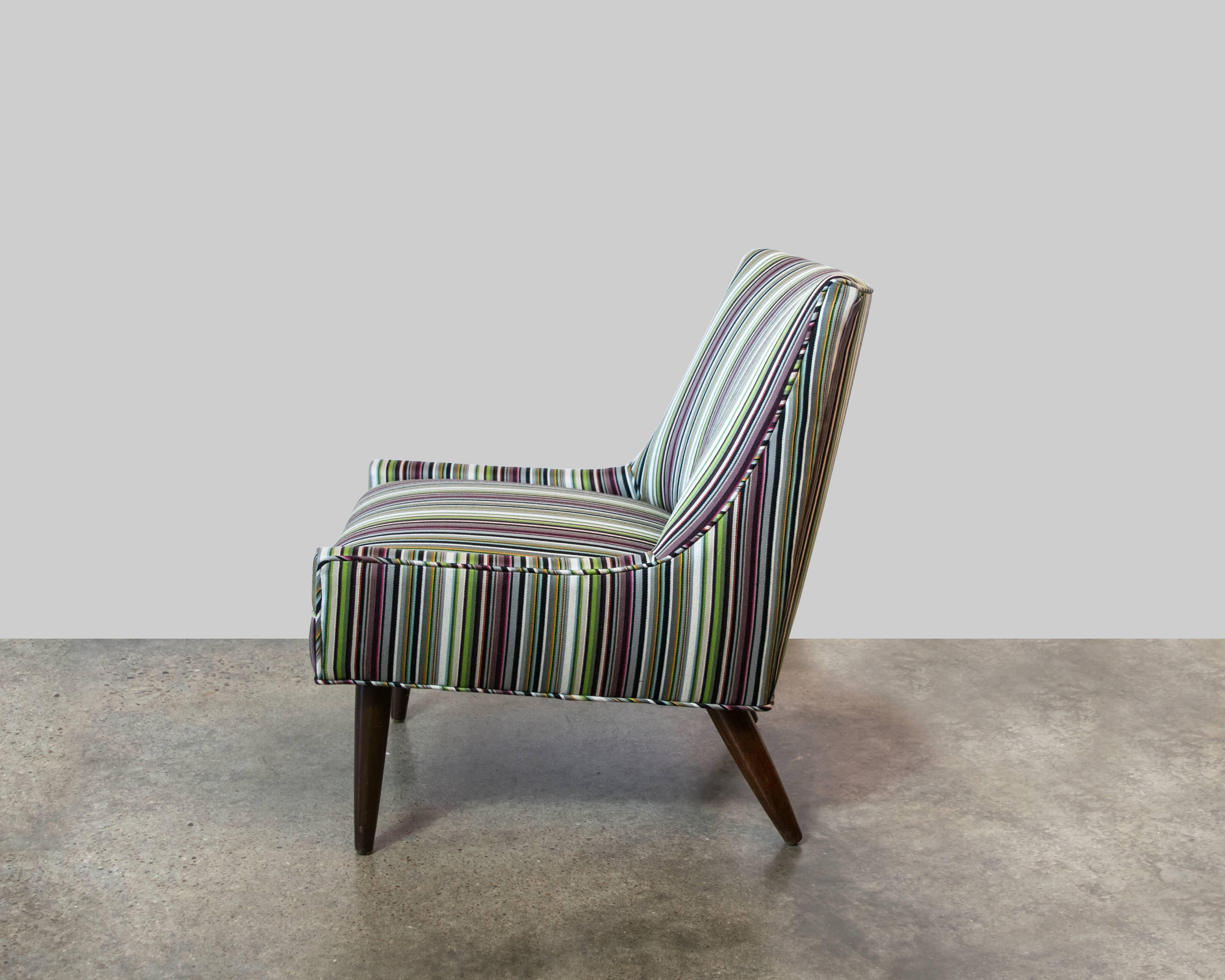 Classic 1950s petite slipper chair recently upholstered in Paul Smith stripe by Maharam. This would be great for a child's room or in a dressing room.