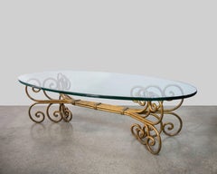Hollywood Regency Gilded Gold Scroll Oval Coffee Table