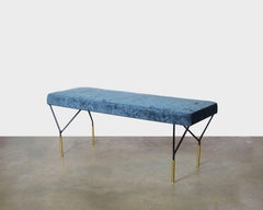 Mid Century Italian Black Lacquer and Brass Bench with Blue Velvet Fabric
